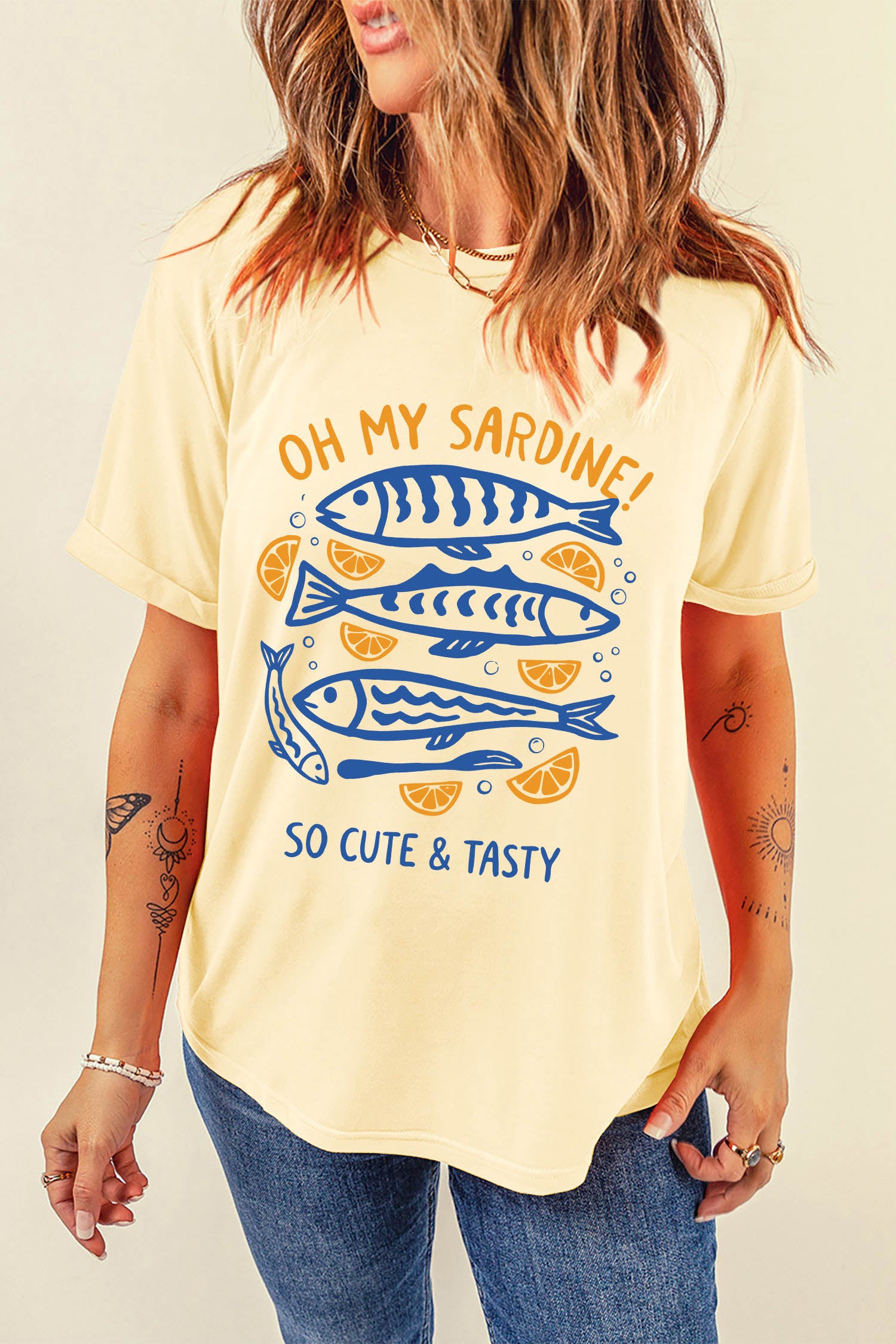 Yellow Cream OH MY SARDINE Lemon Fish Printed T Shirt