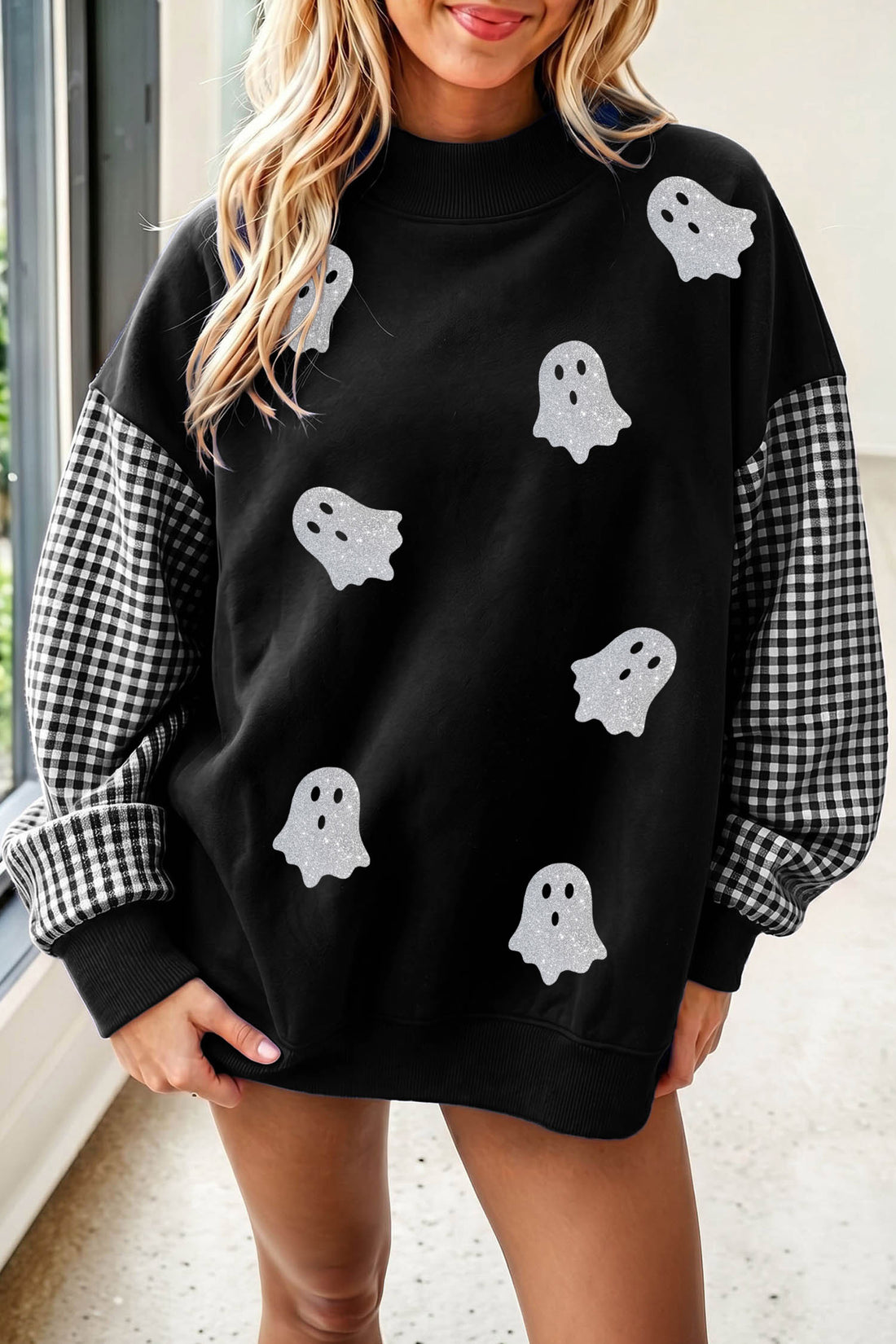 Black Plaid Sleeve Patchwork Ghost Print Tunic Halloween Sweatshirt