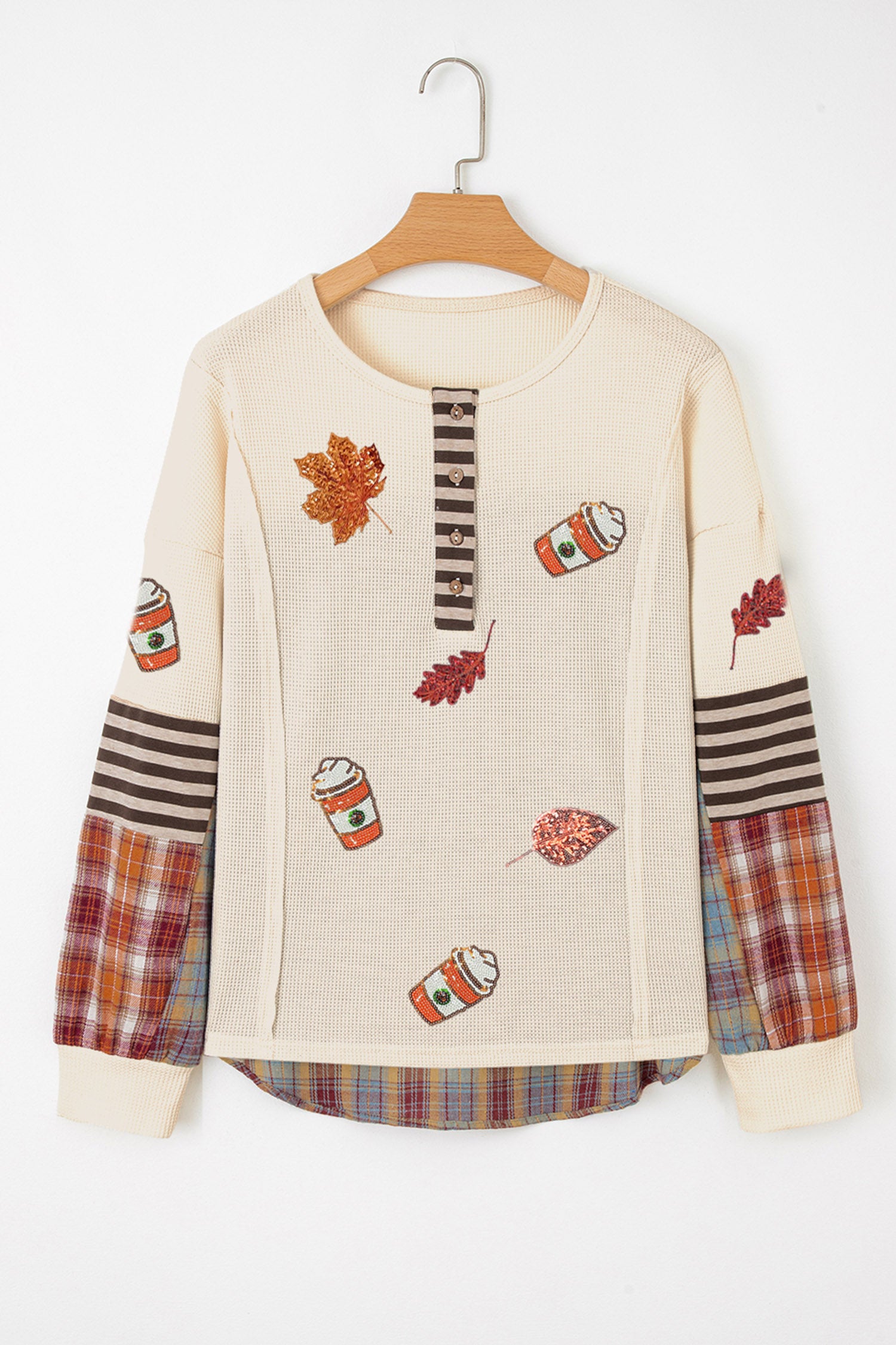 Beige Sequined Fall Vibe Pattern Plaid Stripes Patchwork Waffle Top