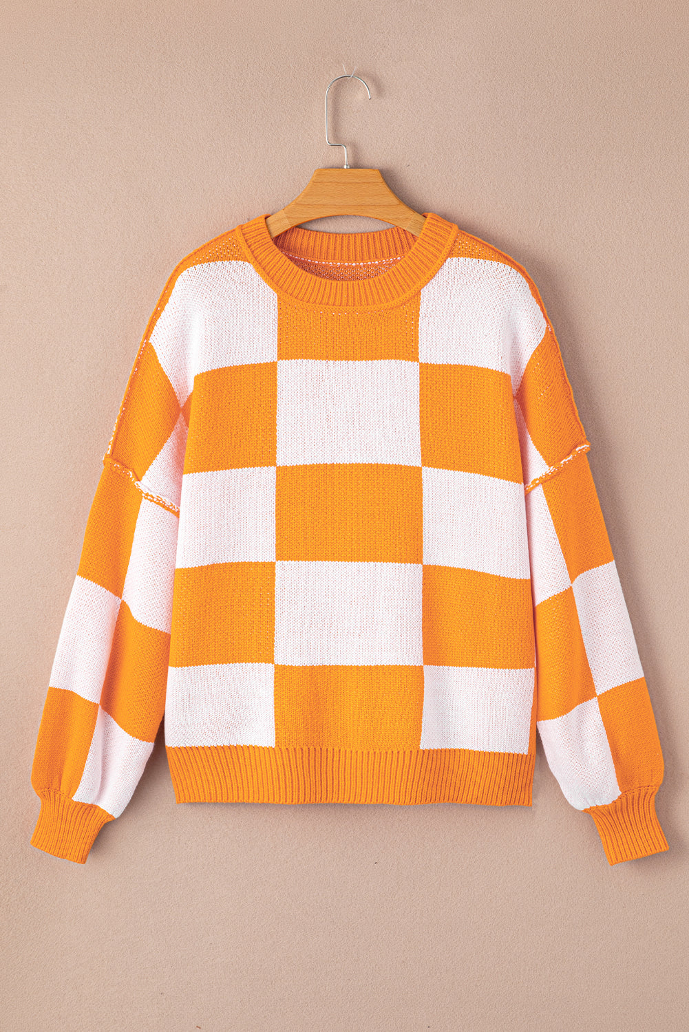 Grapefruit Orange Checkered Bishop Sleeve Sweater
