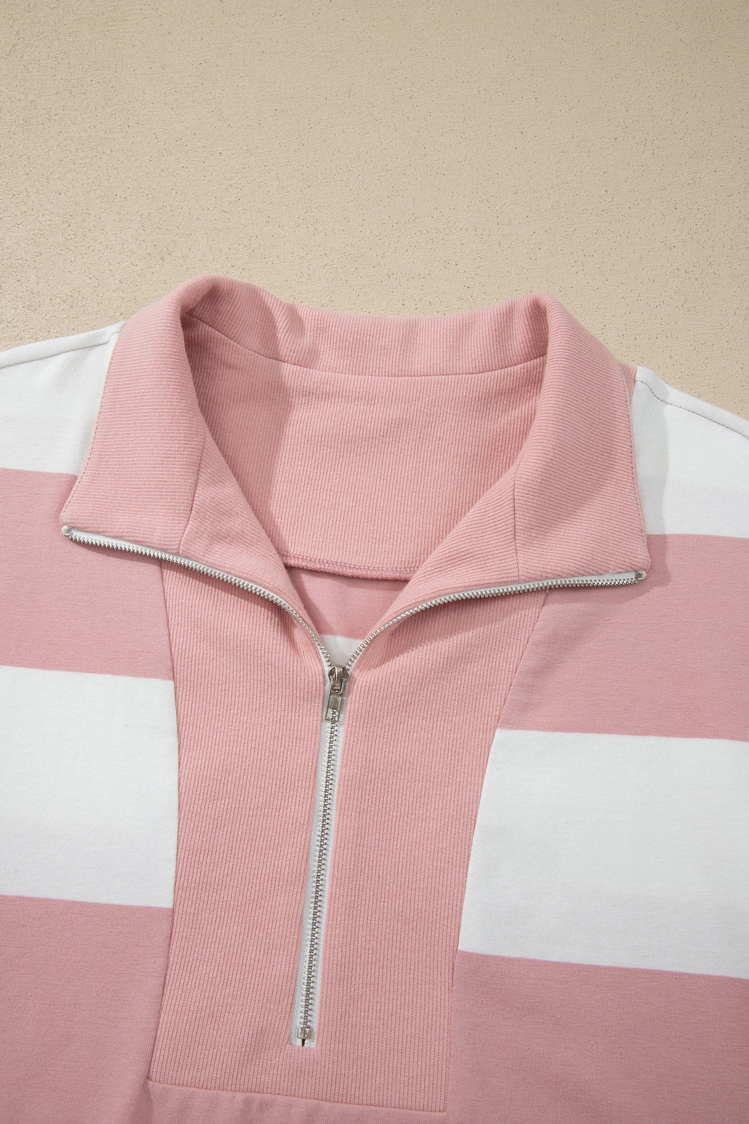 Pink Stripe Half Zip Bracelet Sleeve Top Casual Short Set
