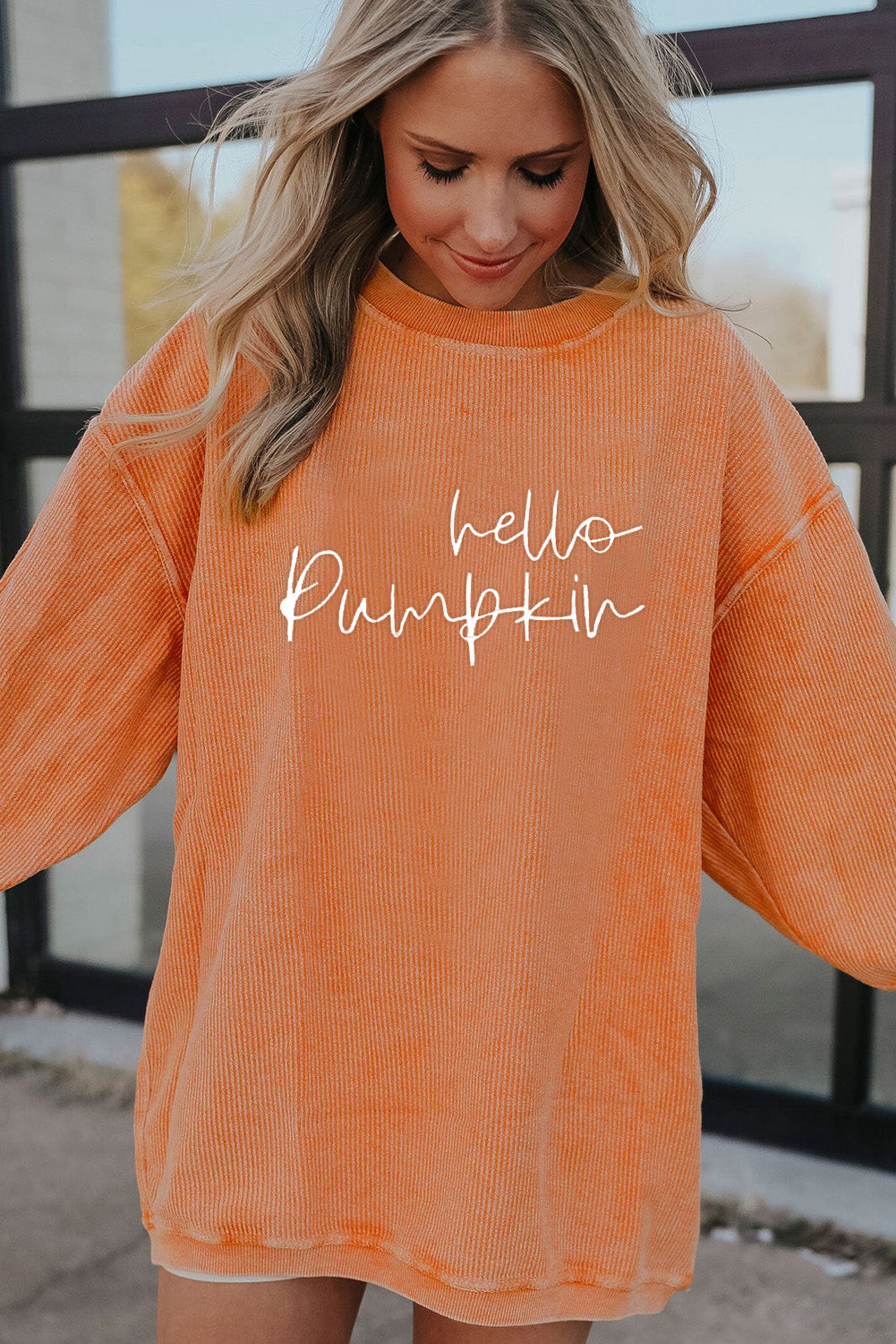 Orange hello pumpkin Letter Embroidered 3D Ribbed Texture Baggy Sweatshirt