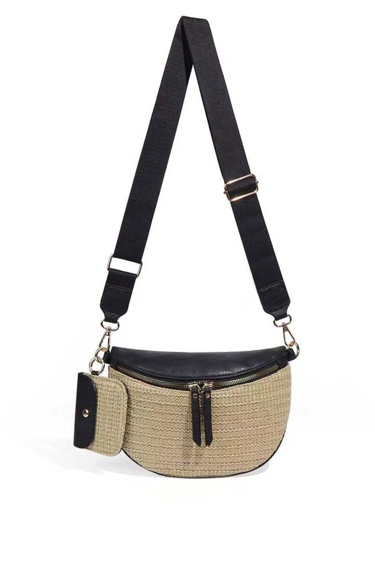 Color black PU Leather Straw Woven Patchwork Crossbody Bag with Pouch