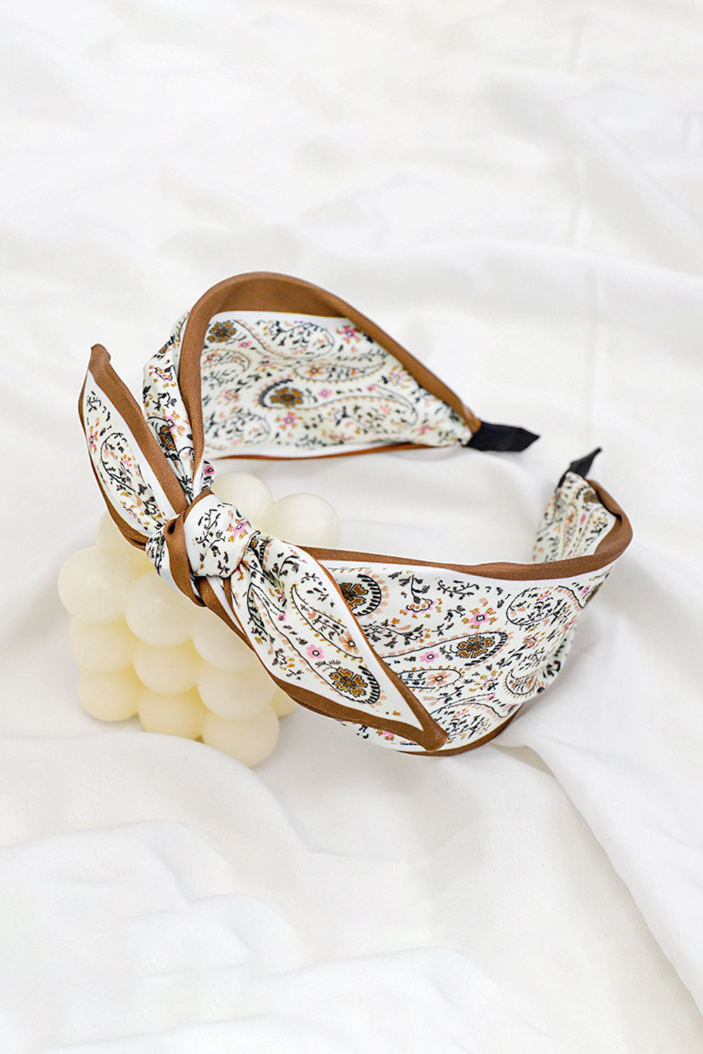 White Bohemian Floral Print Satin Bow Knot Hairband