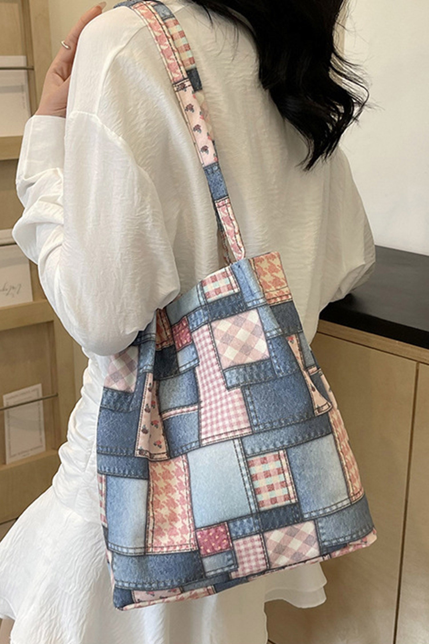 Pink Vintage Plaid Patchwork Print Canvas Tote Bag