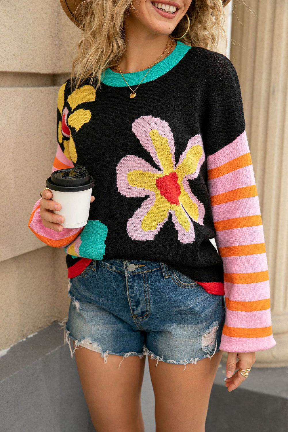 Black Cute Flower Pattern Striped Sleeve Sweater