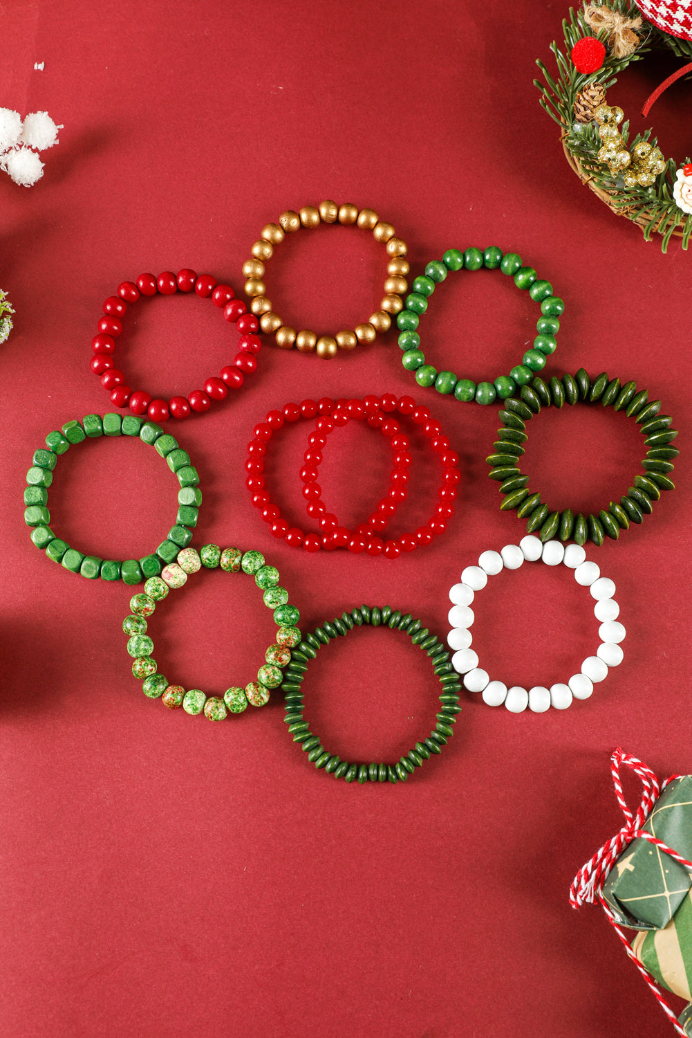 Fiery Red Christmas Mixed Color Stackable Bracelets 10pcs/Set