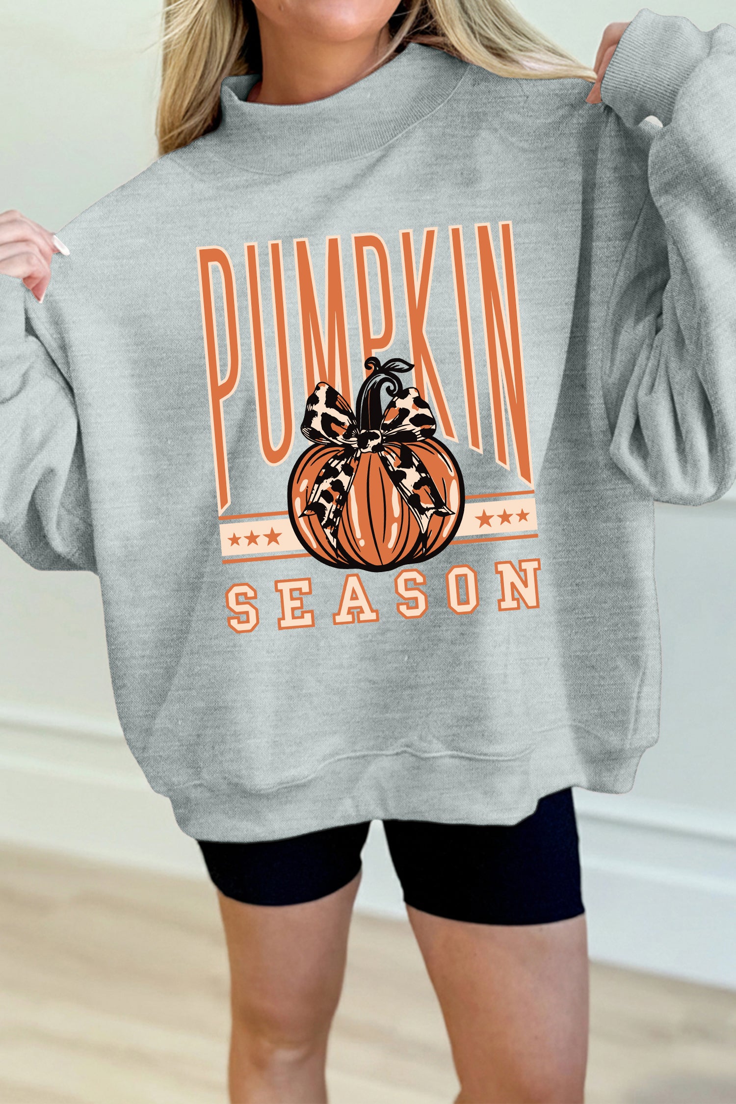 Gray Oversize Pumpkin Season Print Mock Neck Graphic Sweatshirt