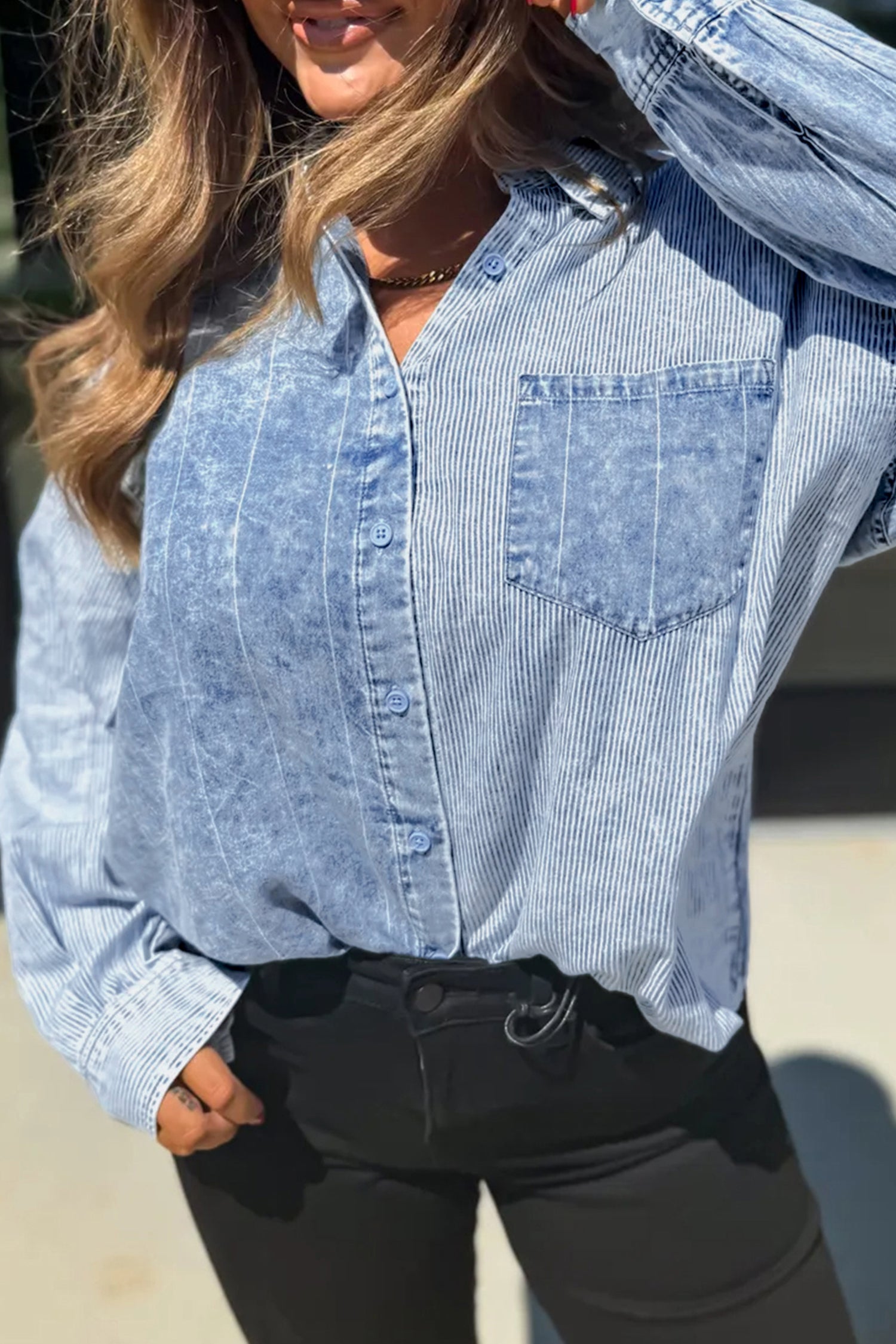 Sky Blue Stripe Vintage Washed Denim Color Block Long Sleeve Shirt