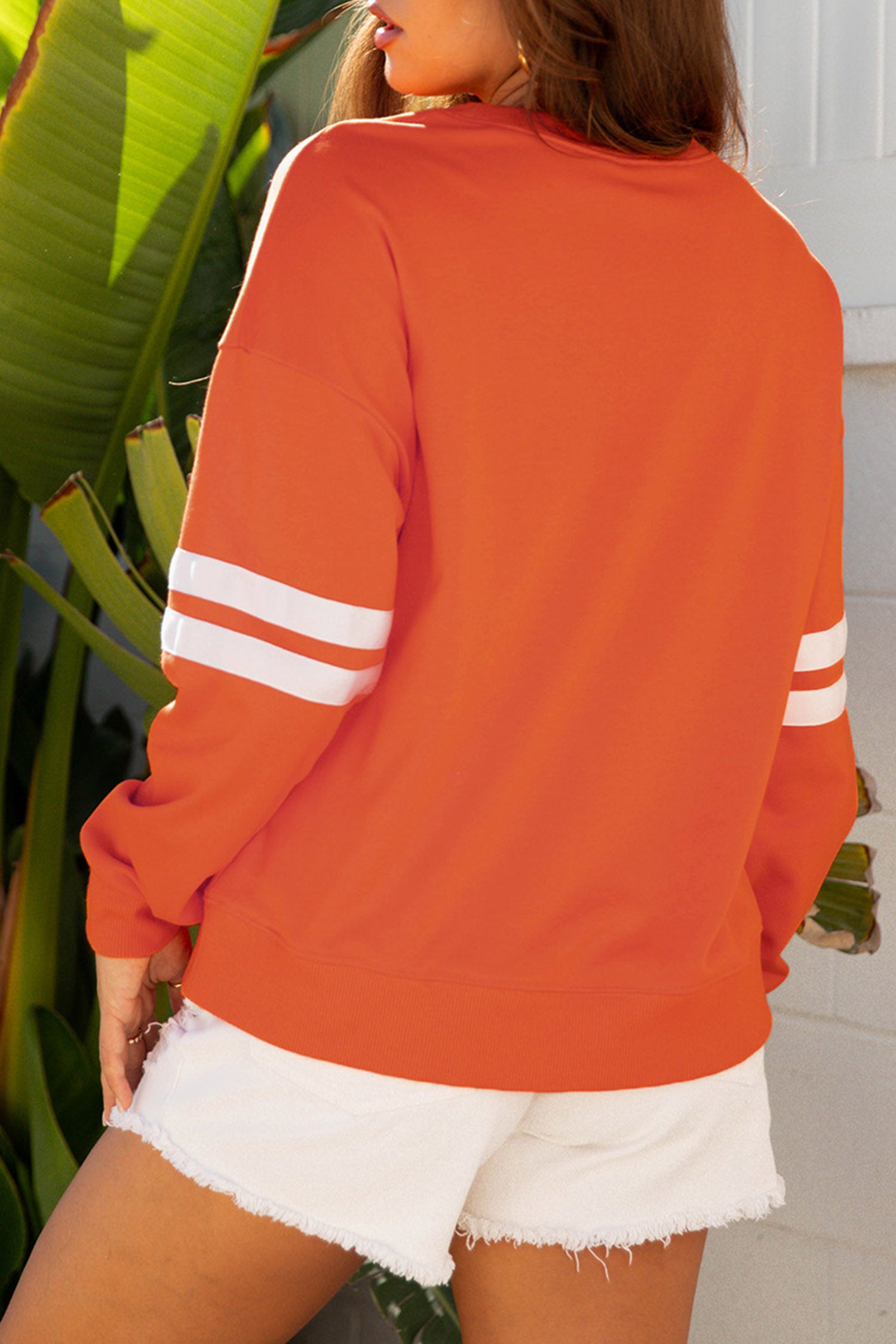 Orange Thanksgiving Floral Pumpkin Cross Print Banded Sleeve Graphic Sweatshirt