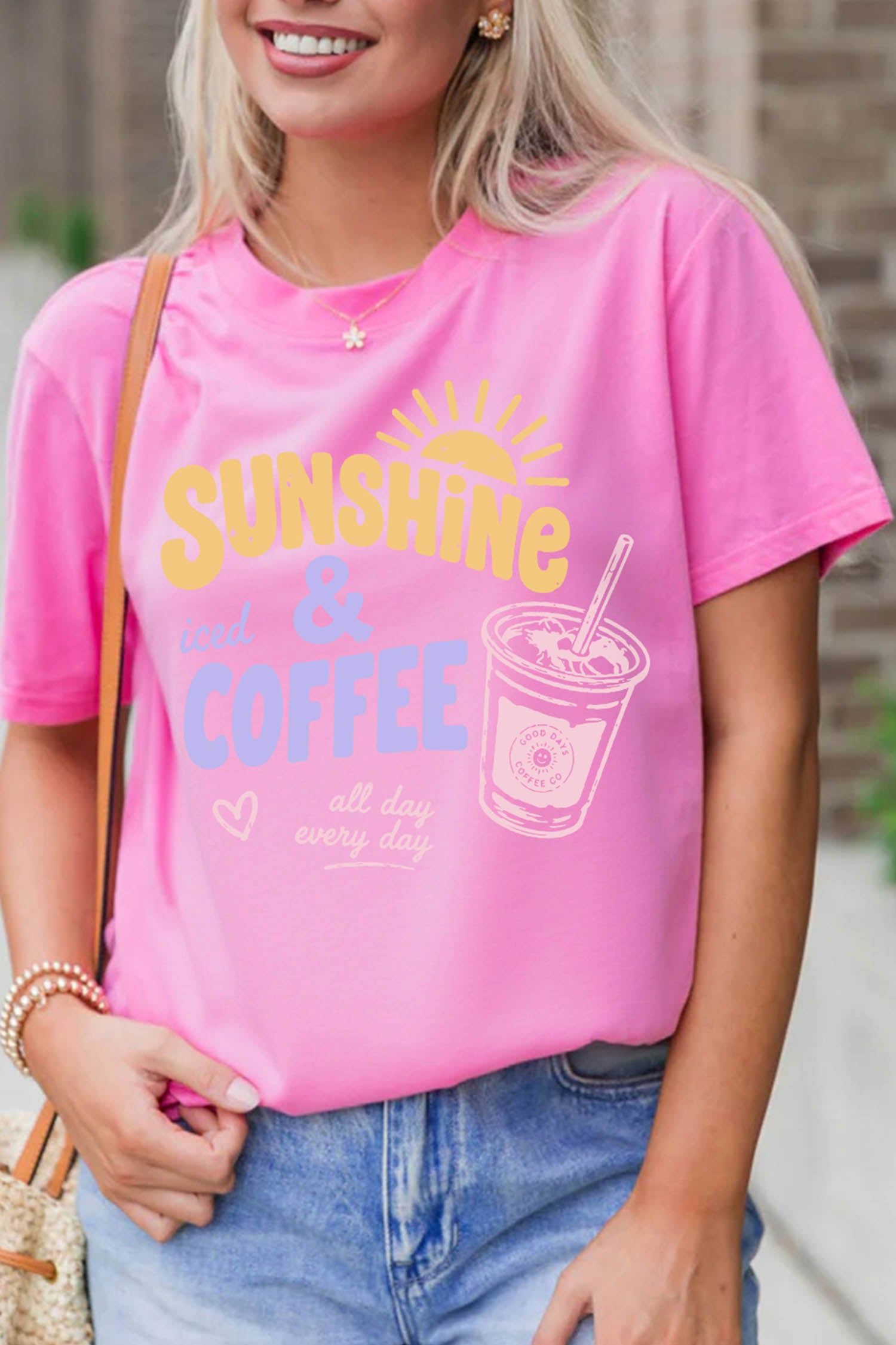 Sachet Pink Sunshine Iced Coffee Slogan Beach Vacation Graphic Tee
