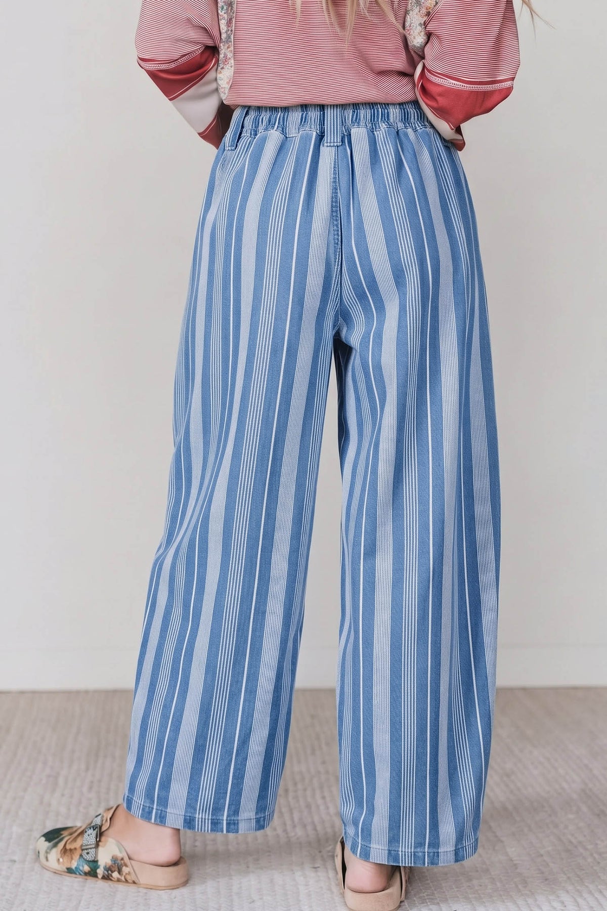 Sky Blue Stripe High Waist Wide Leg Lace Up Barrel Jeans