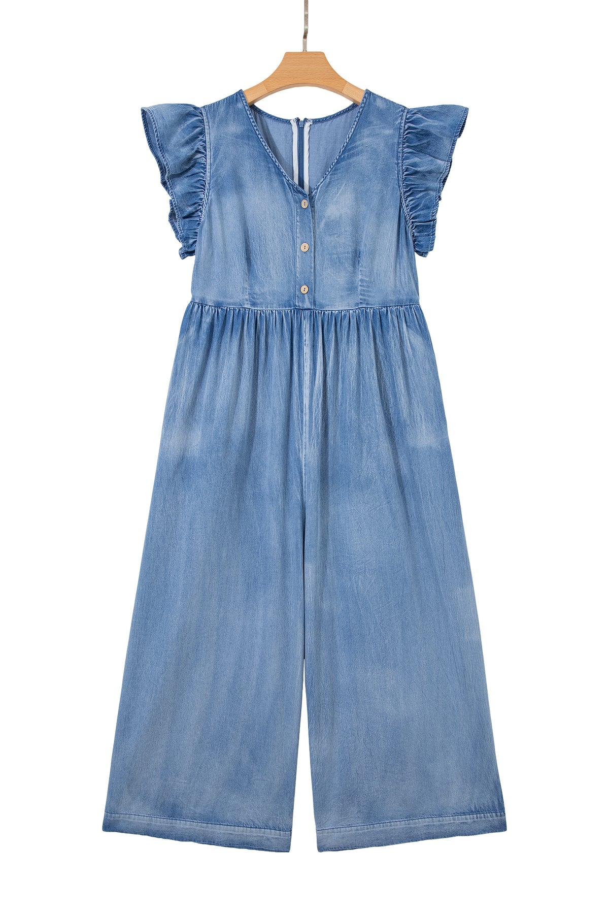 Ashleigh Blue Ruffled Short Sleeve Button V Neck Wide Leg Denim Jumpsuit