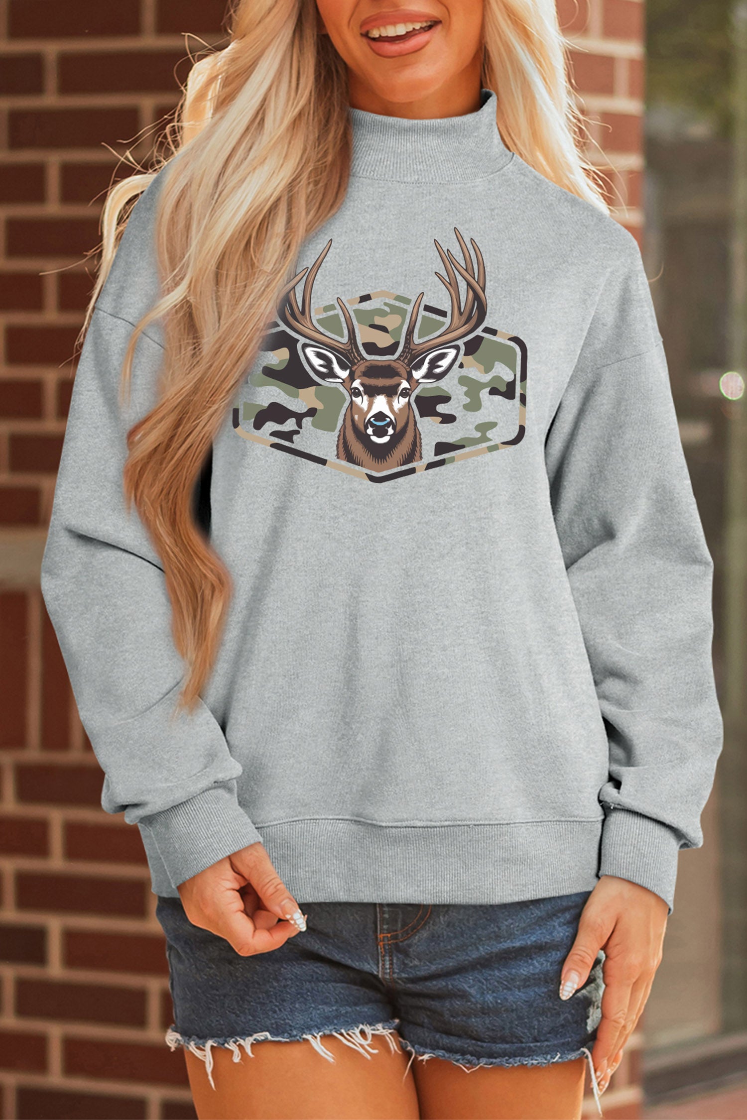 Gray Oversize Camouflage Reindeer Print Mock Neck Sweatshirt