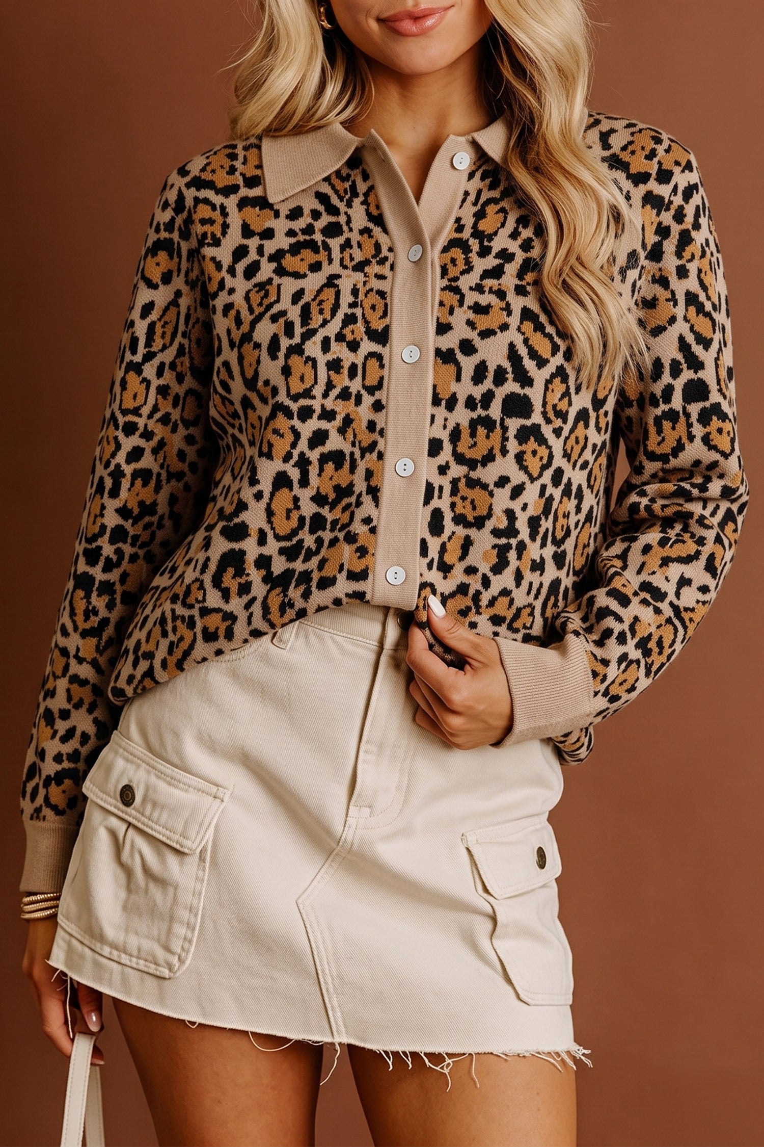 Brown Leopard Print Button-Up Cardigan Long Sleeve Cardigans