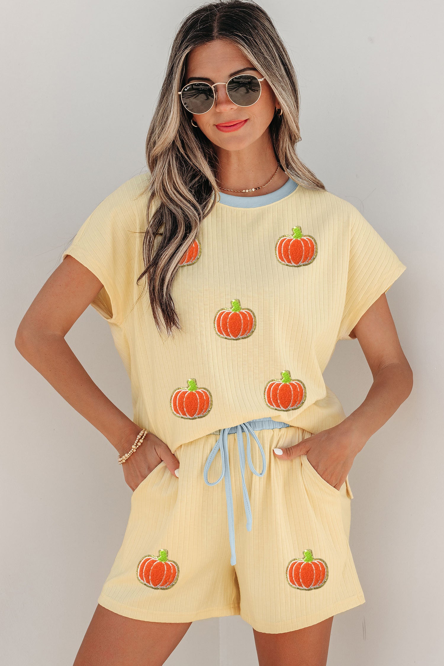 Yellow Cream Soft Ribbed Pumpkin Patch Graphic Relaxed 2pcs Short Set