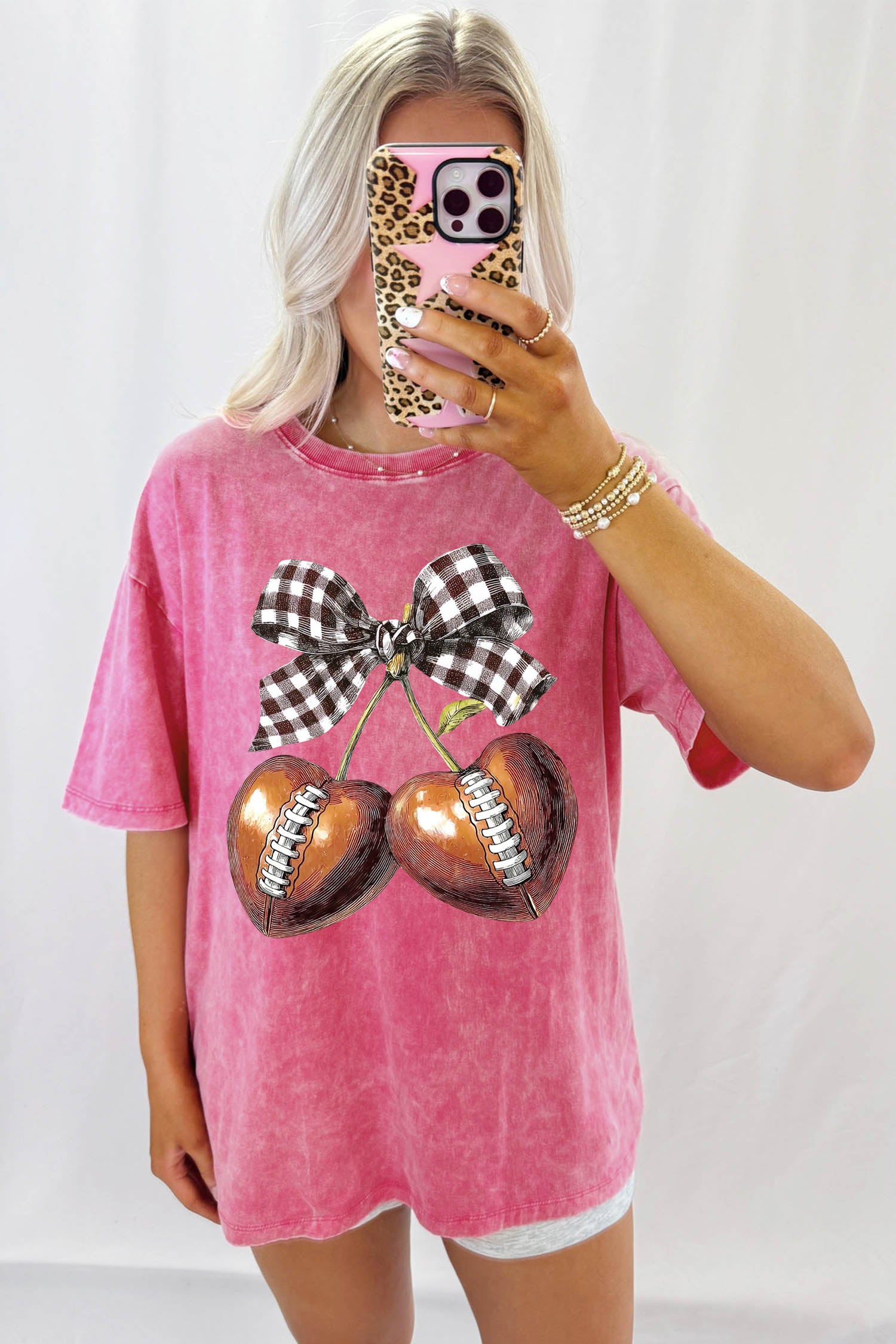 Rose Red Retro Plaid Cherry Football Game Day Graphic T Shirt