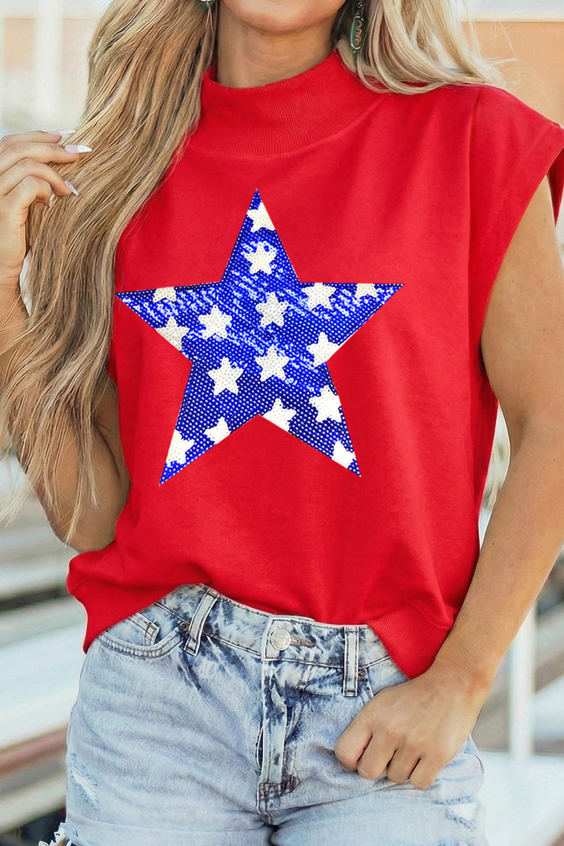 Racing Red High Neck Sleeveless Star Print Casual Shift Tunic Top