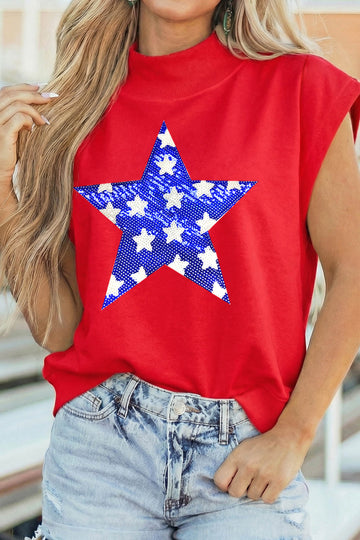 Racing Red High Neck Sleeveless Star Print Casual Shift Tunic Top