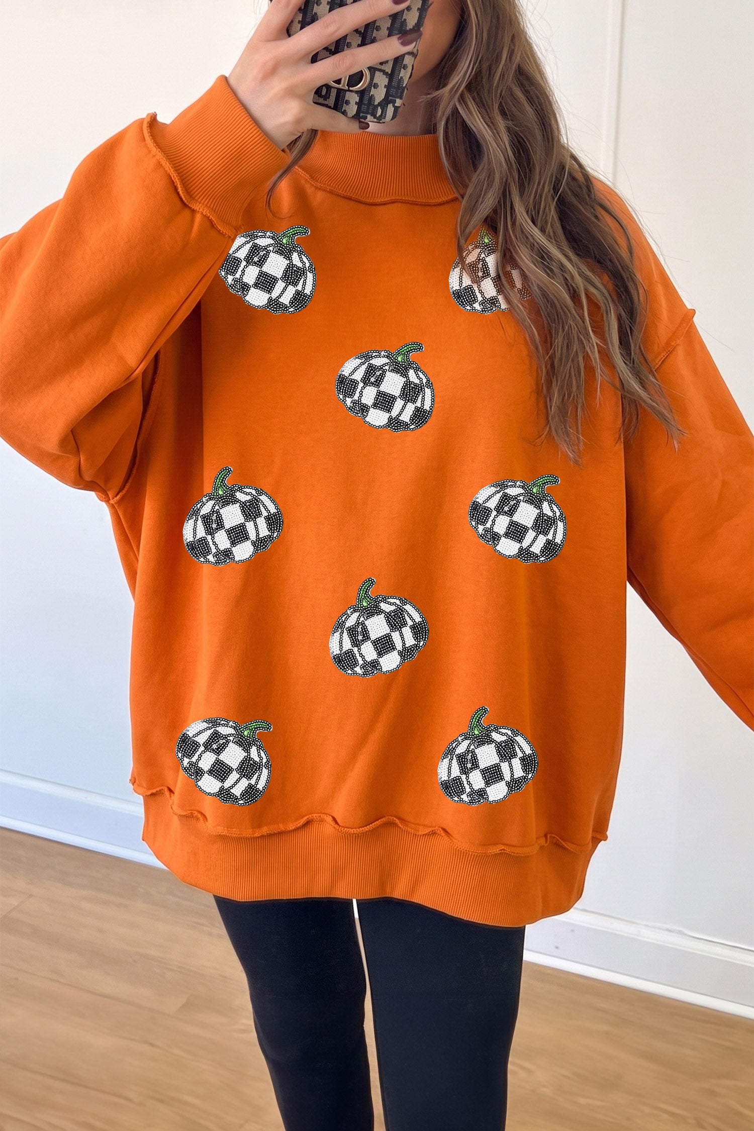 Carrot Sequin Pumpkin Print Mock Neck Tunic Sweatshirt