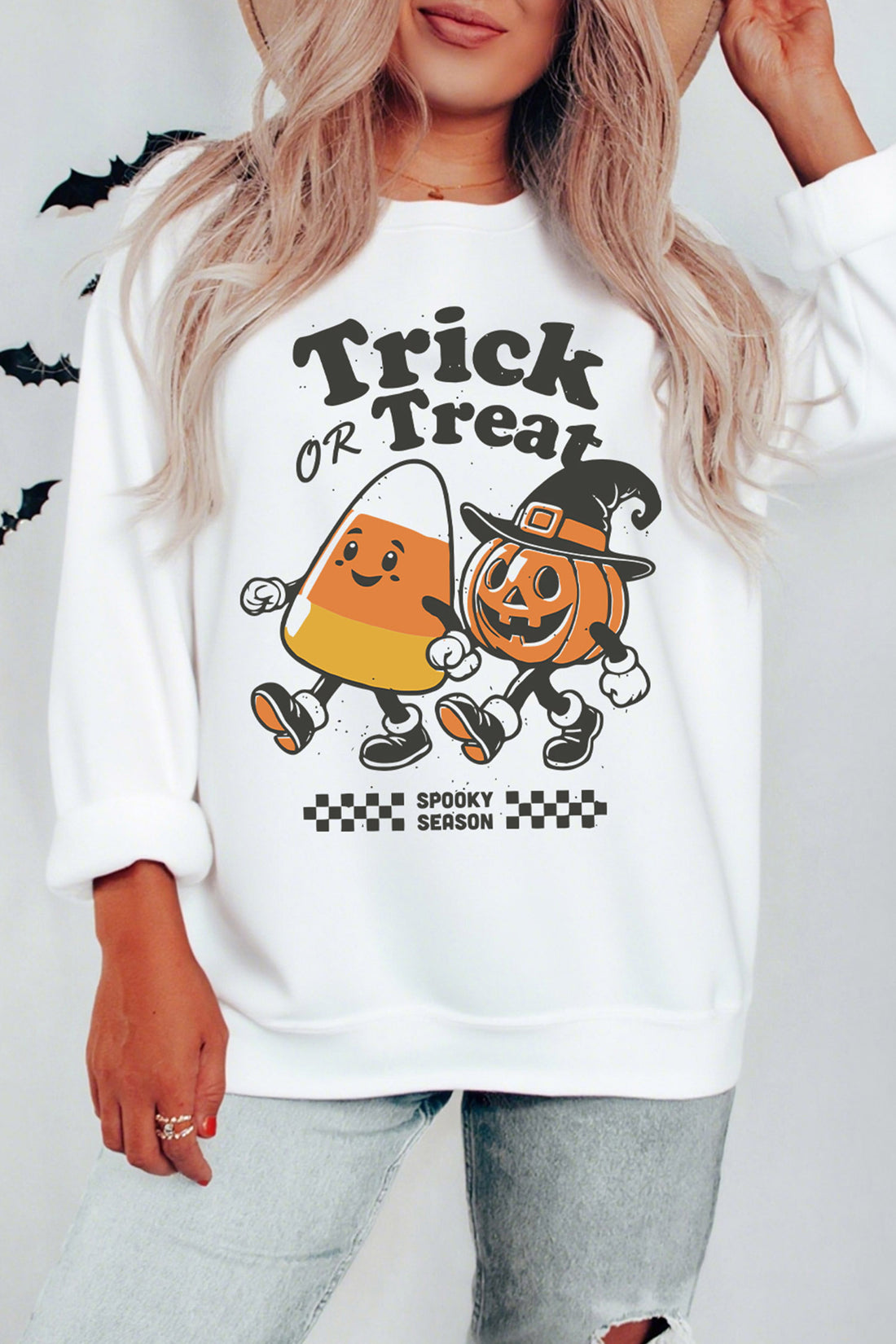 White Trick OR Treat Halloween Graphic Casual Pullover Sweatshirt
