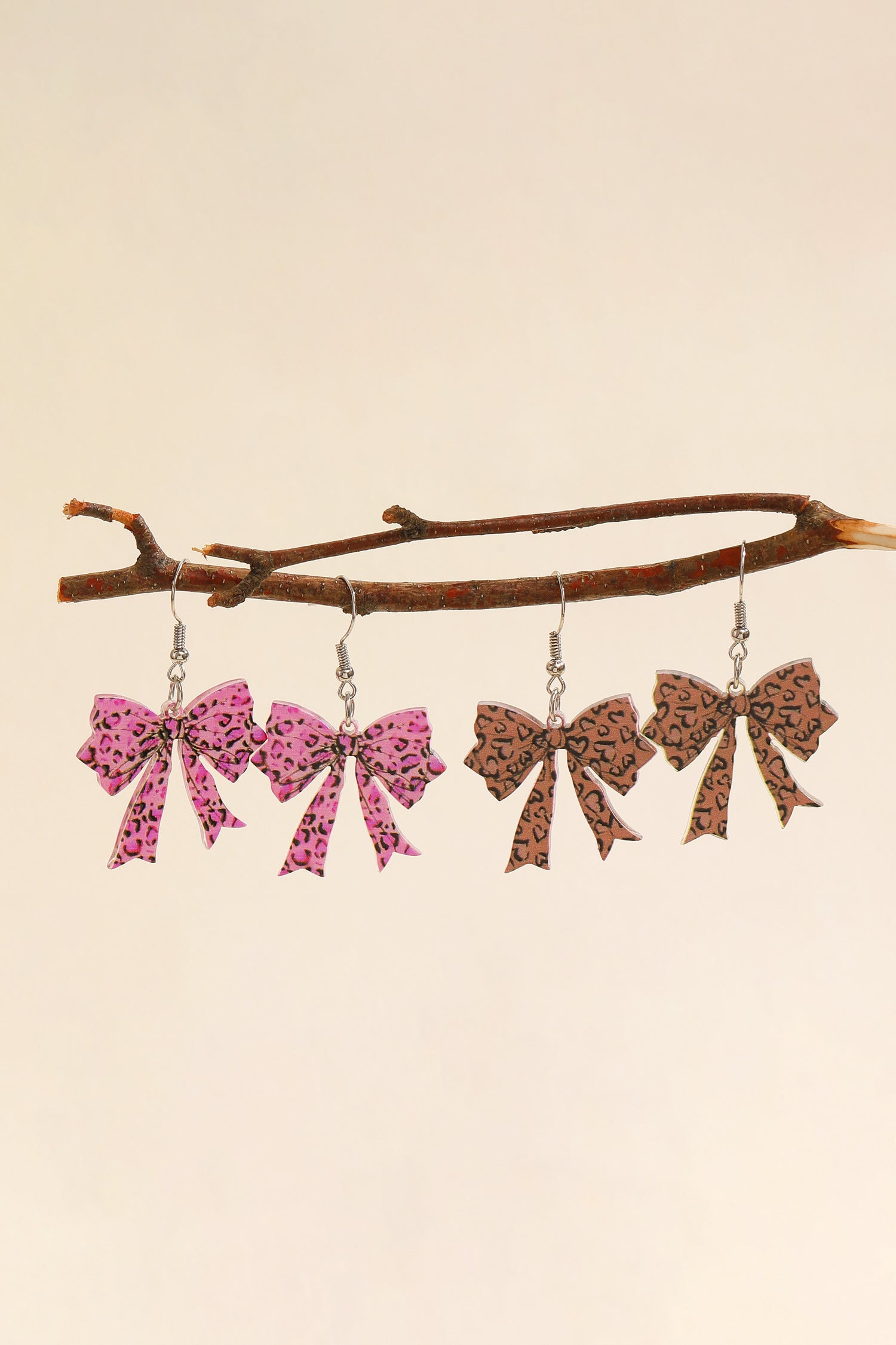 Bright Pink Stylish Leopard Printed Bow Stainless Hook Earrings