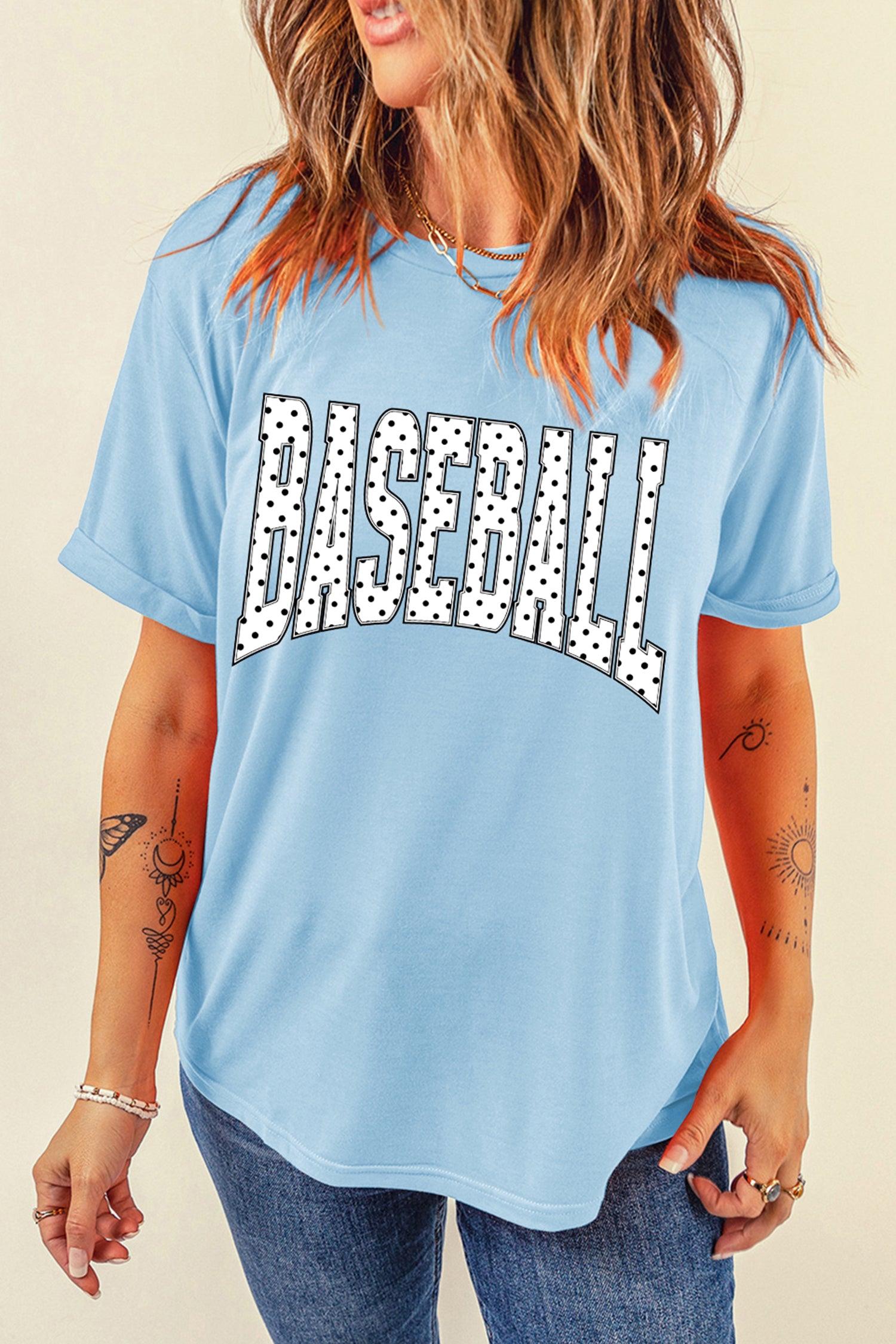 Light Blue BASEBALL Polka Dot Lettering Print T Shirt