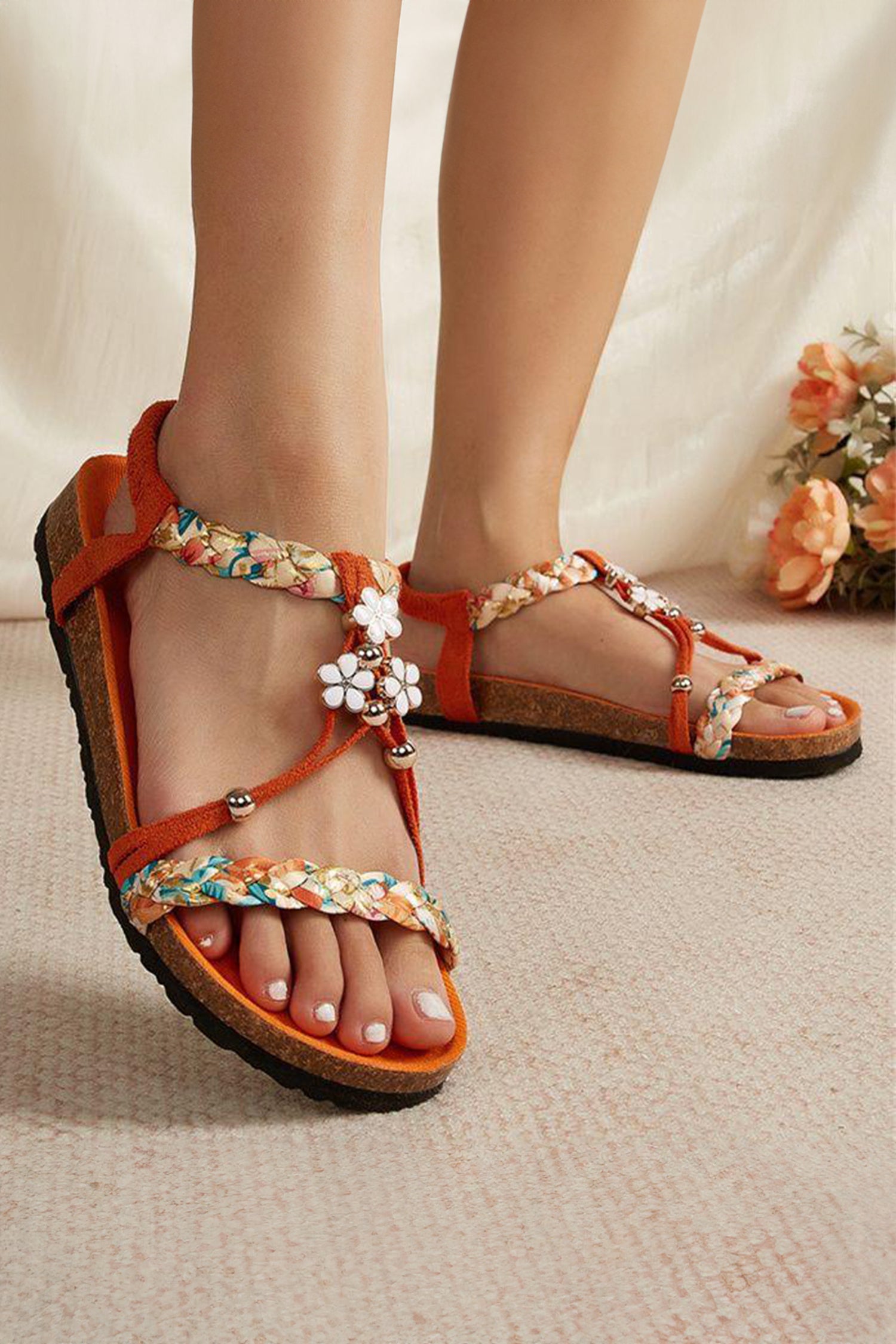 Orange Braided Floral Ankle Strap Open Toe Flat Beach Sandals