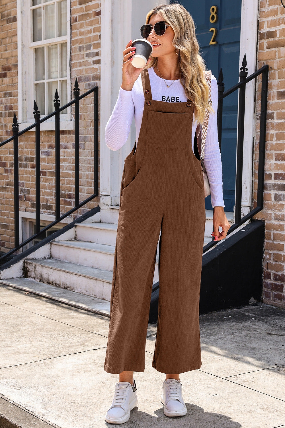 Brown Solid Color Corduroy Wide Leg Bib Overalls