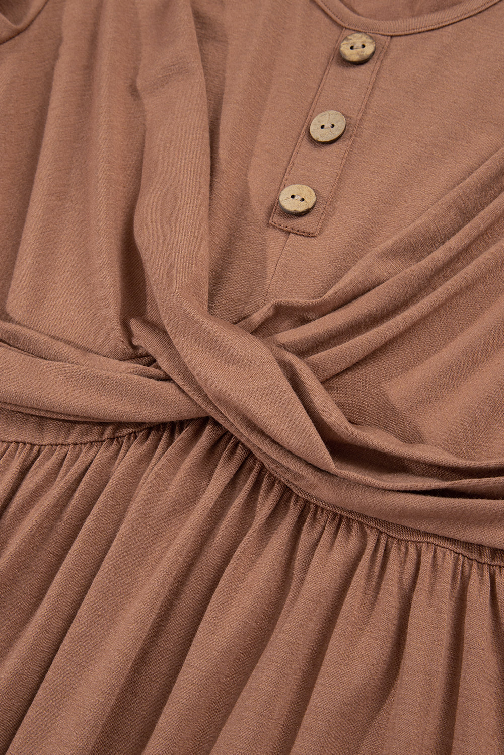 Chestnut Shirred Cuff Long Sleeve Button Round Neck Mini Dress