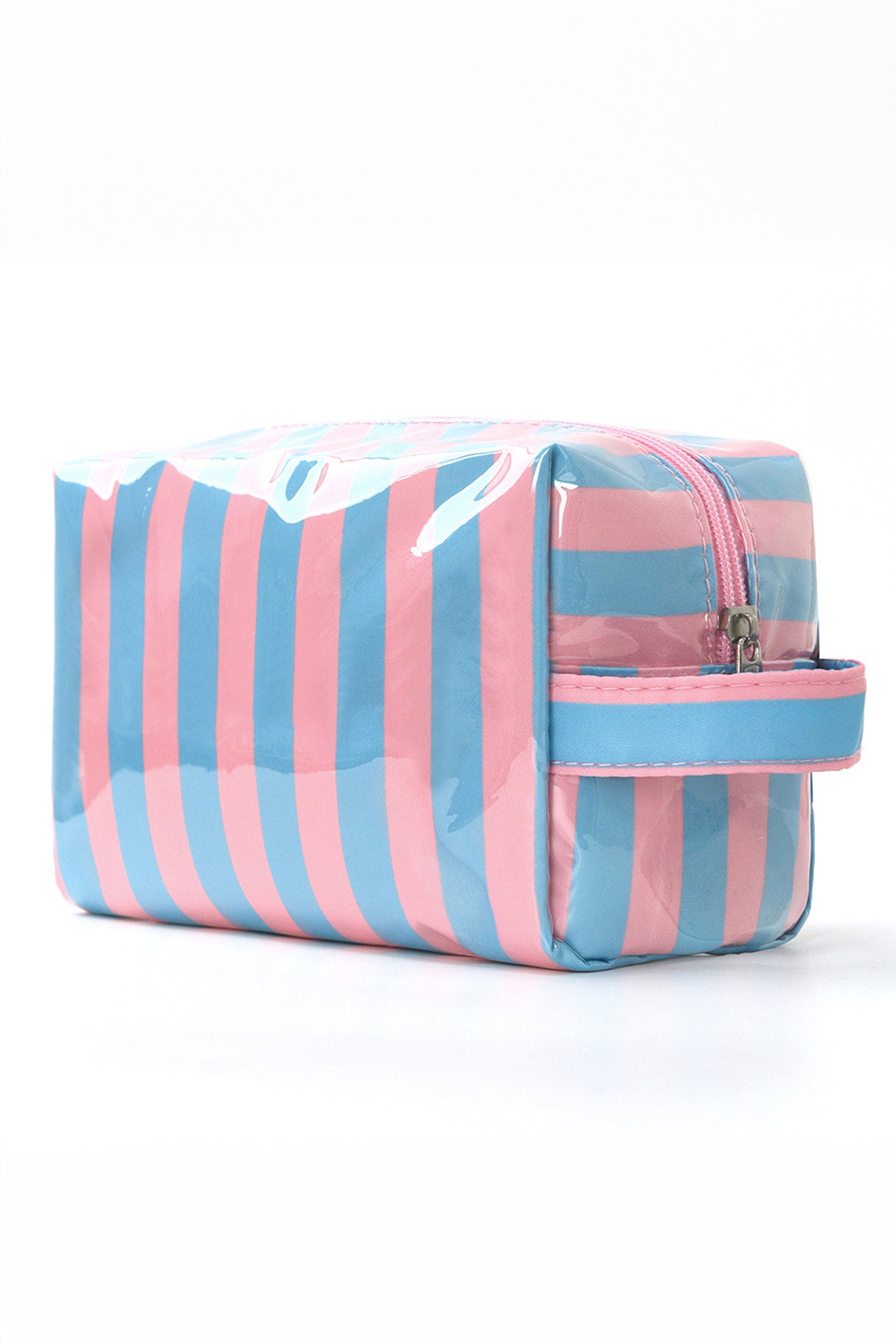 Dusk Blue PVC Striped Cosmetic Bag Durable Zipper Handle Travel Organizer
