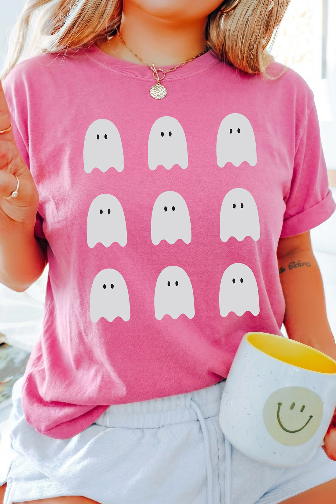 Sachet Pink Ghost Print Round Neck Halloween Graphic Tee