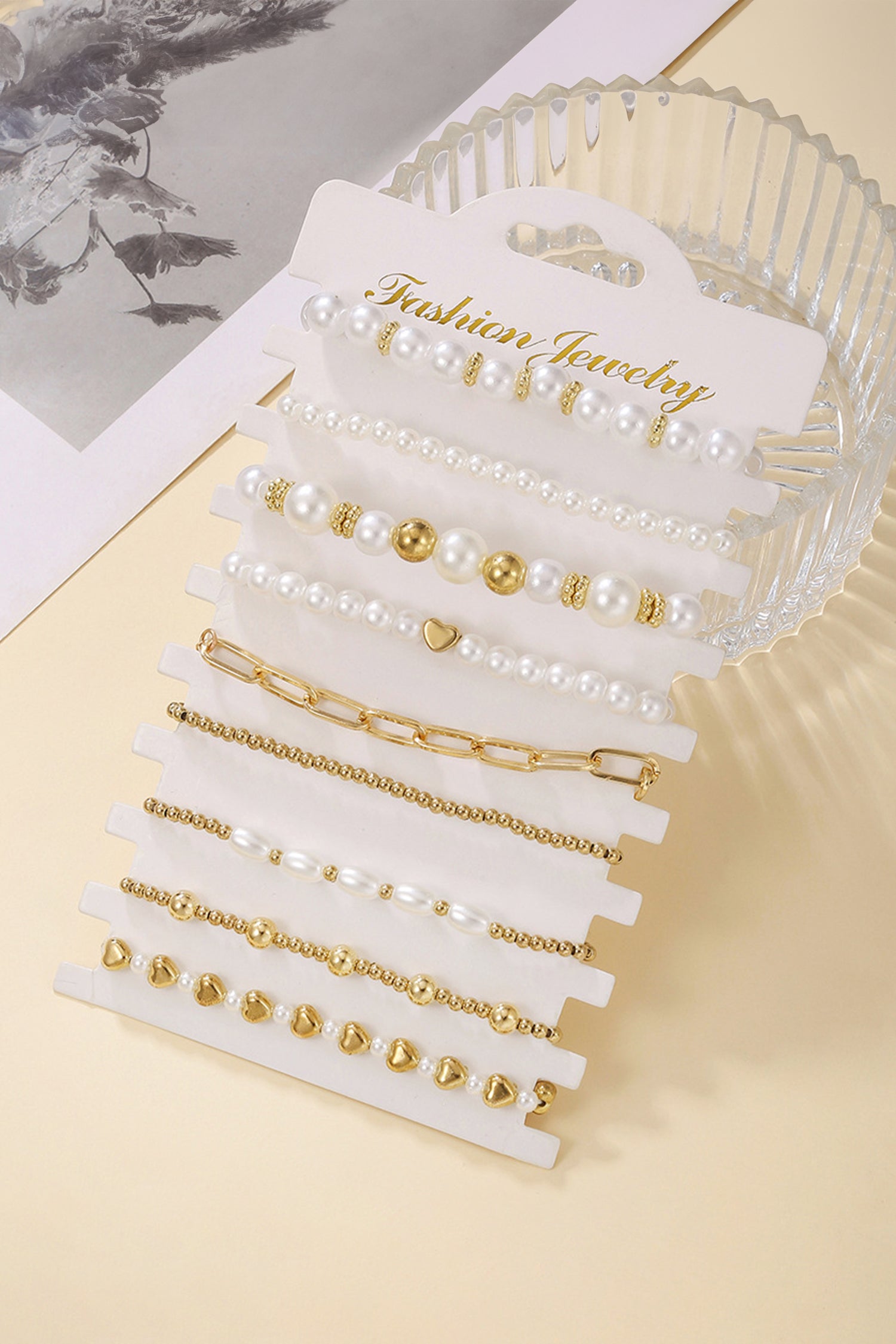 Gold 9-Piece Mixed Faux Pearl Bead Stretch Bracelet Set