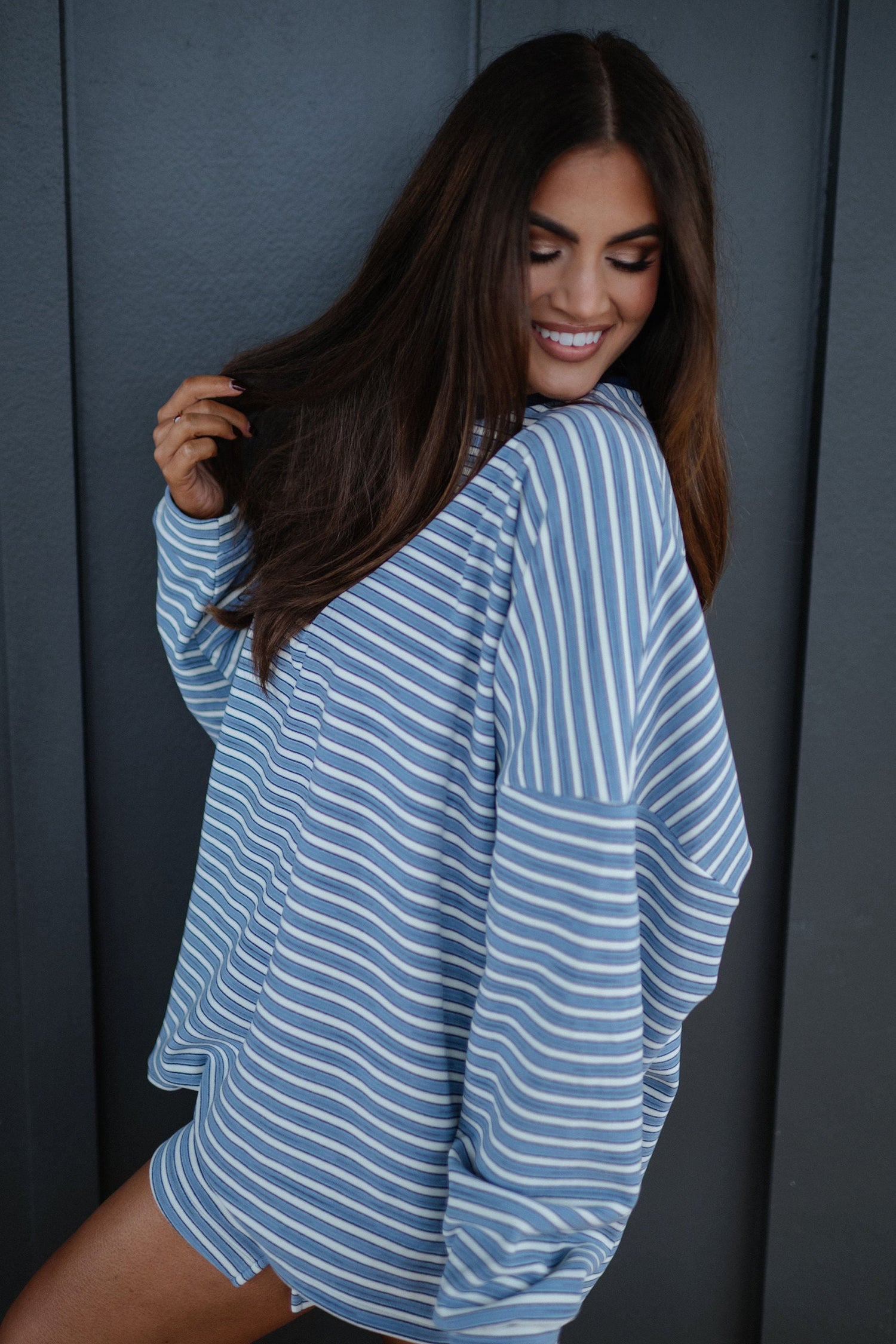 Sky Blue Stripe Long Sleeve Oversized Top Pocketed Casual Shorts Two Piece Set