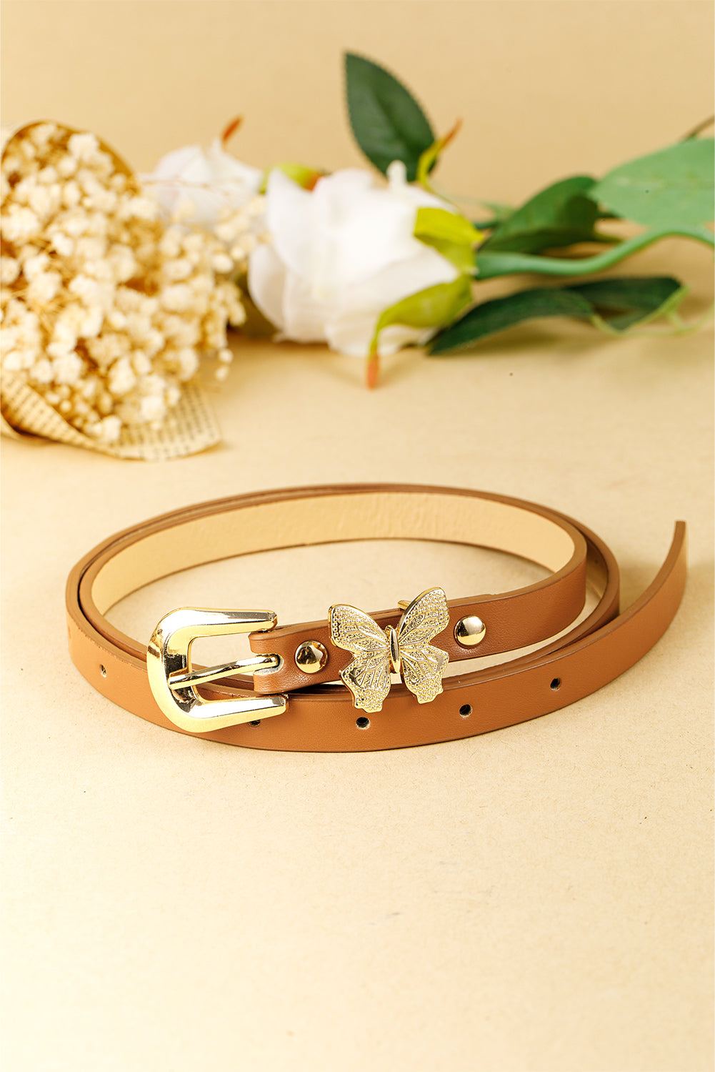 Thai Curry Butterfly Decor Buckle PU Leather Thin Waist Belt
