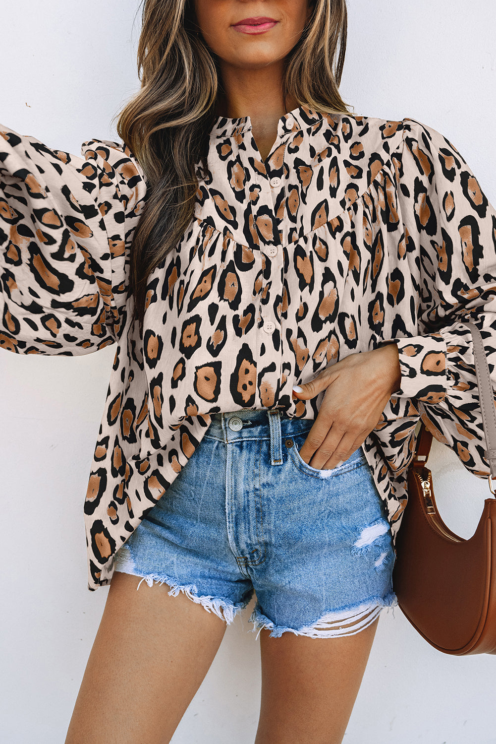 Oversized Leopard Print Balloon Sleeve Casual Shirt