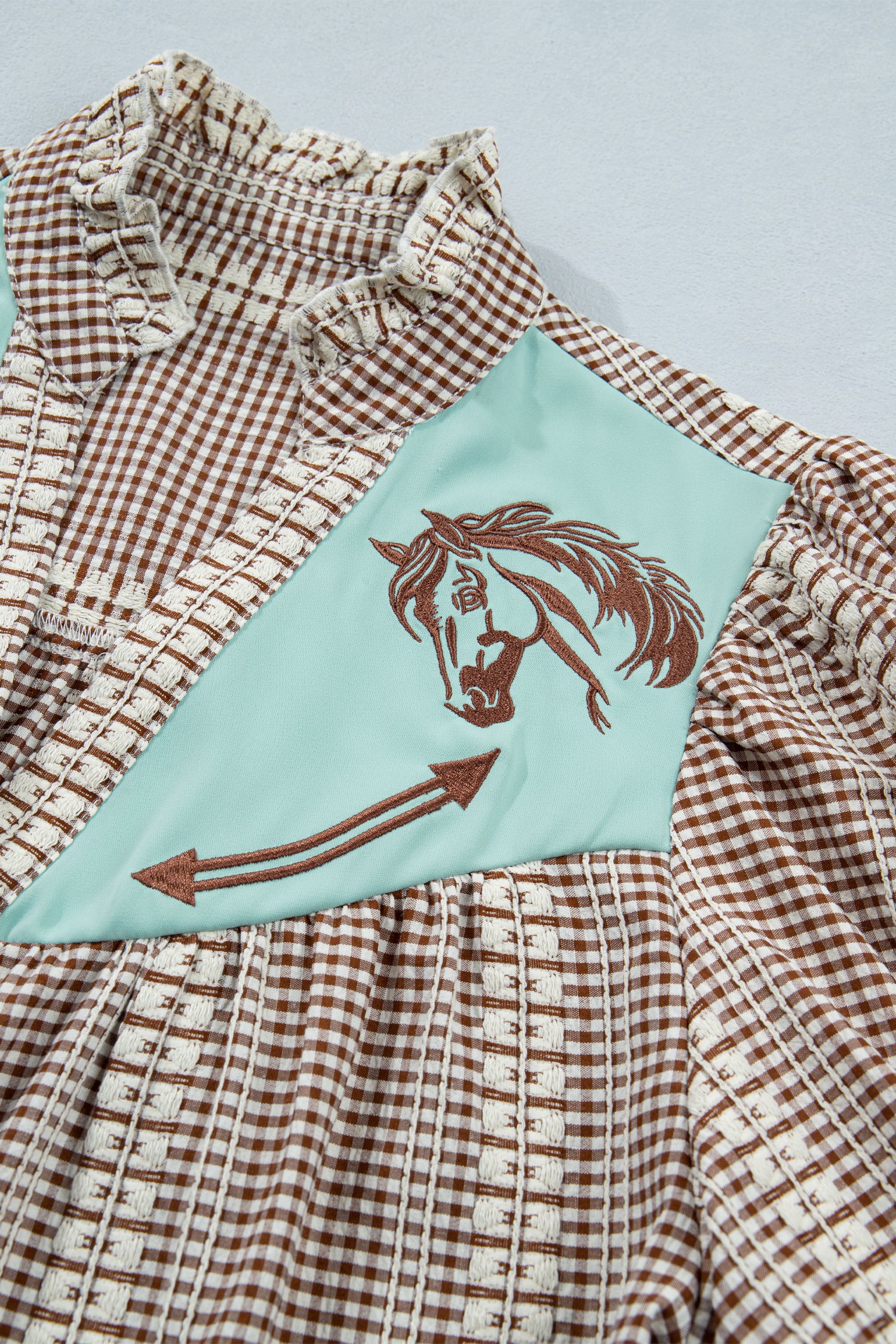 Brown Western Pony Embroidered Yoke Puff Sleeve Gingham Blouse