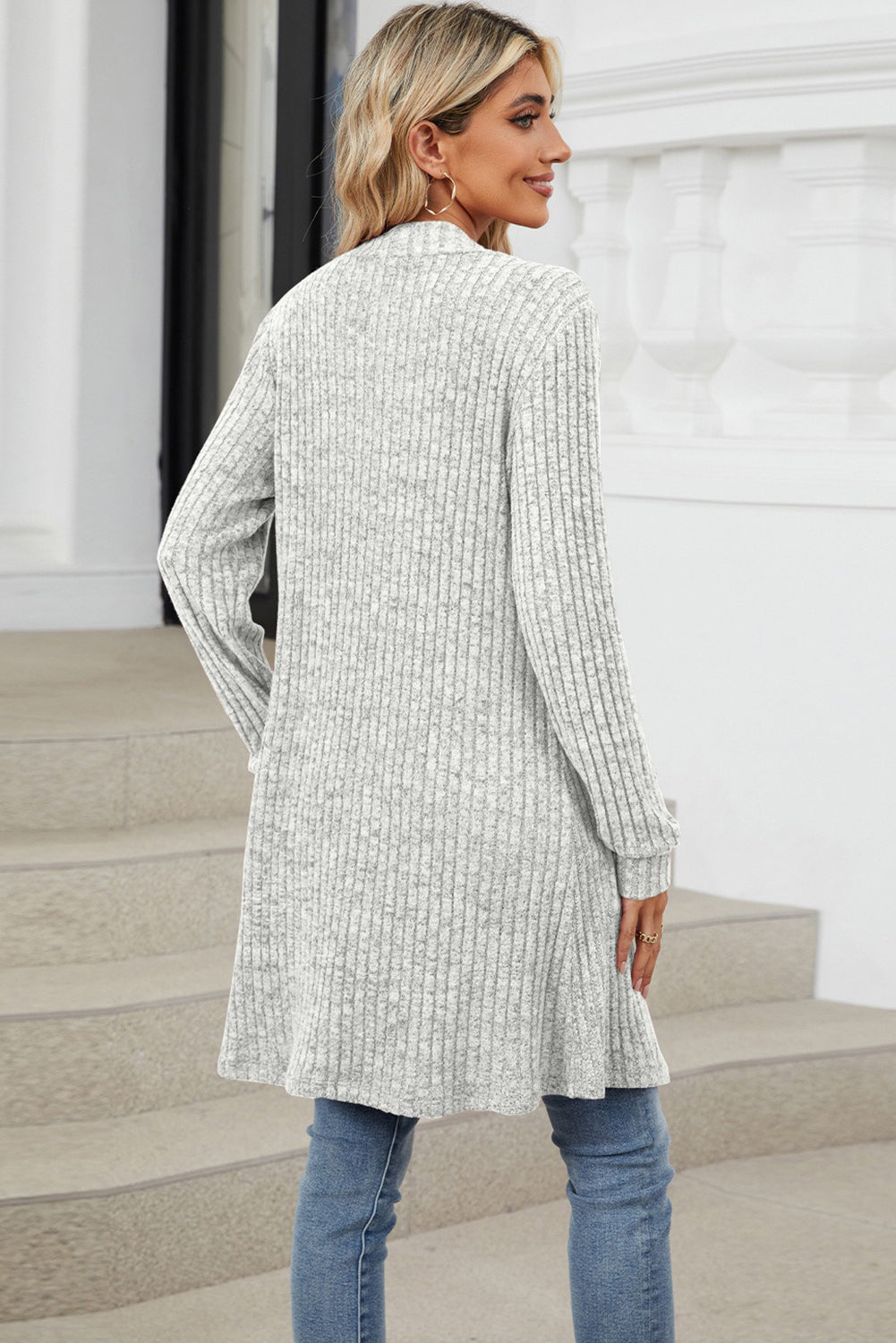 Gray Ribbed Knit Open Front Tunic Cardigan with Pockets