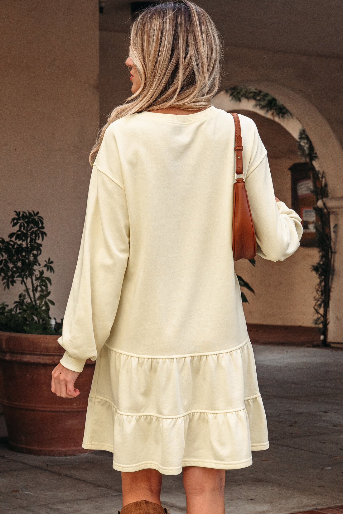 Beige Double Tiered Ruffle Hem Long Sleeve Loose Mini Dress