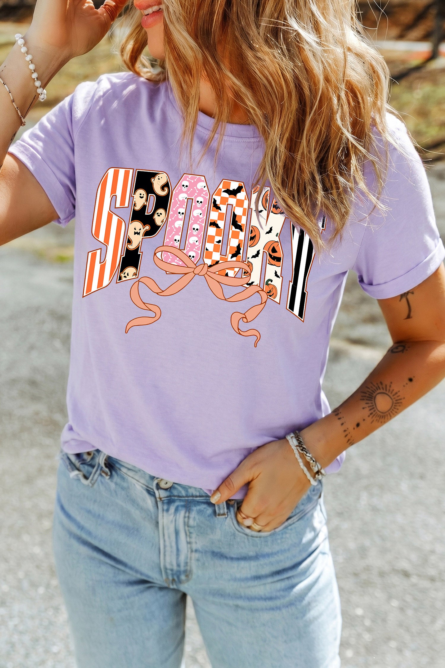 Orchid Petal Spooky Letter Print Round Neck Casual Halloween T Shirt