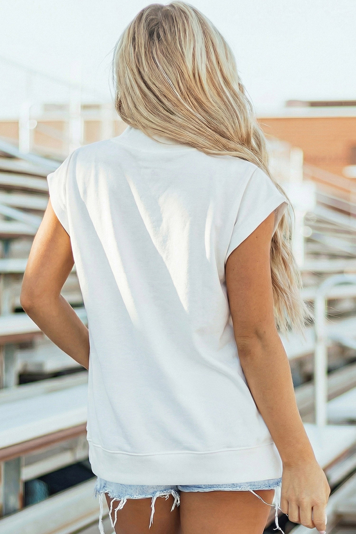 White USA Flag Printed Mock Neck Short Sleeve Top