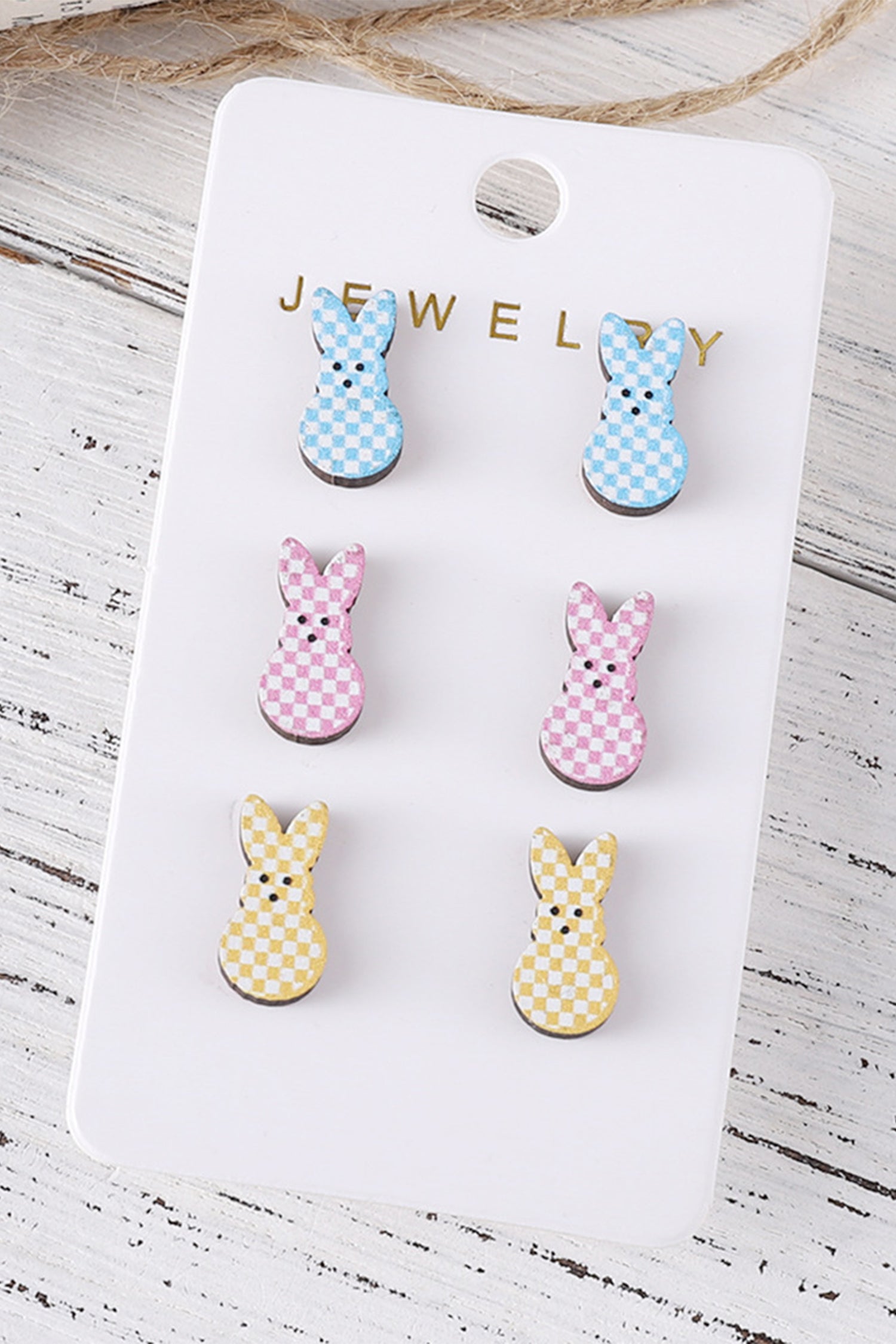 Pink 3 Pairs Different Color Plaid Easter Bunny Earrings