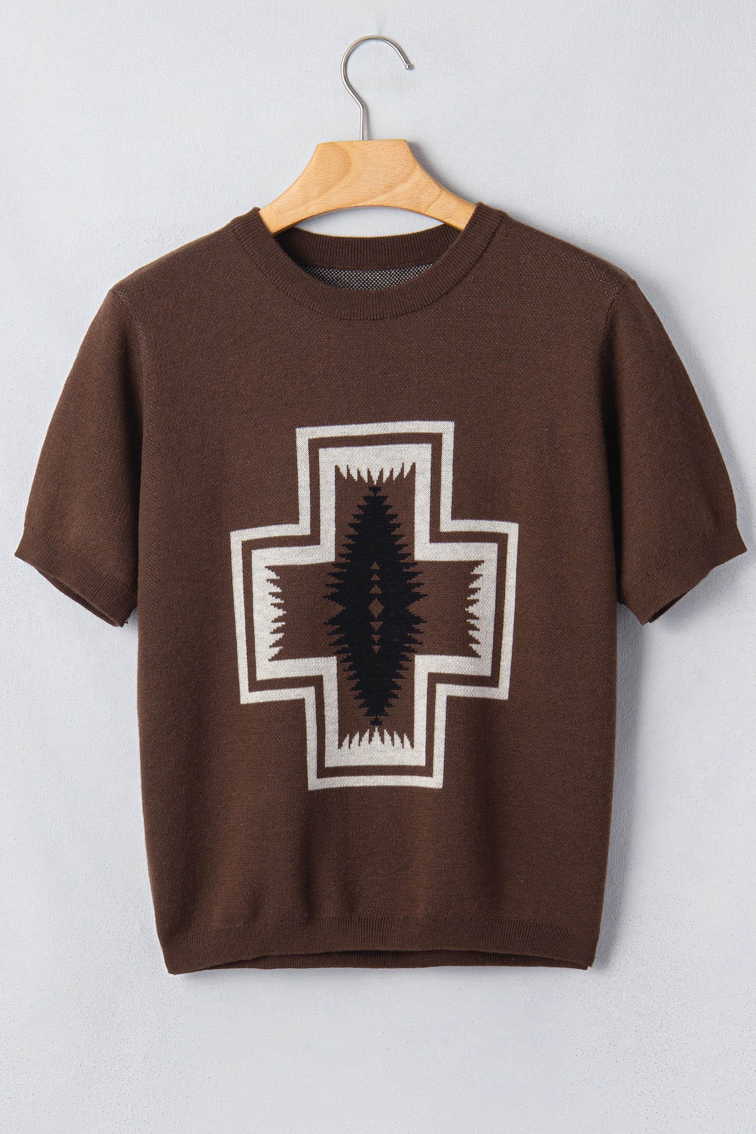 Brown Western Print Short Sleeve Knit Casual Sweater