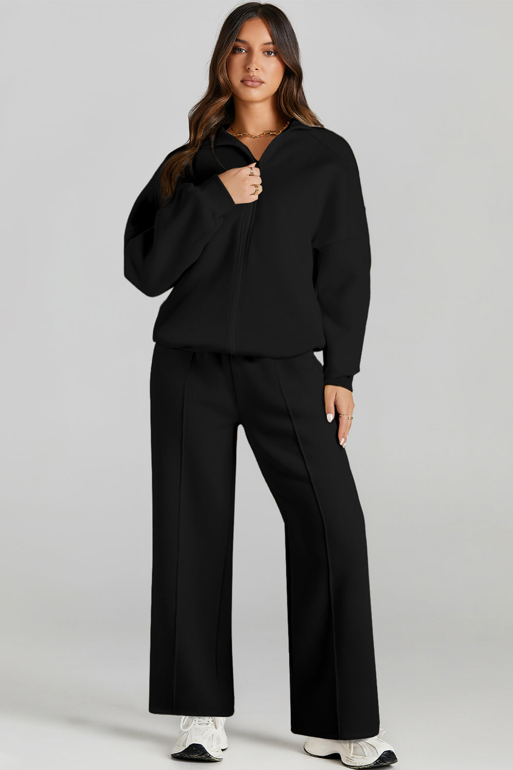 Black Drop Shoulder Zip Up Jacket Drawstring Pants Active 2pcs Set