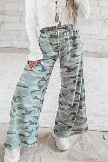 Green Camo Wide Leg Tie Elastic Waist Casual Pants