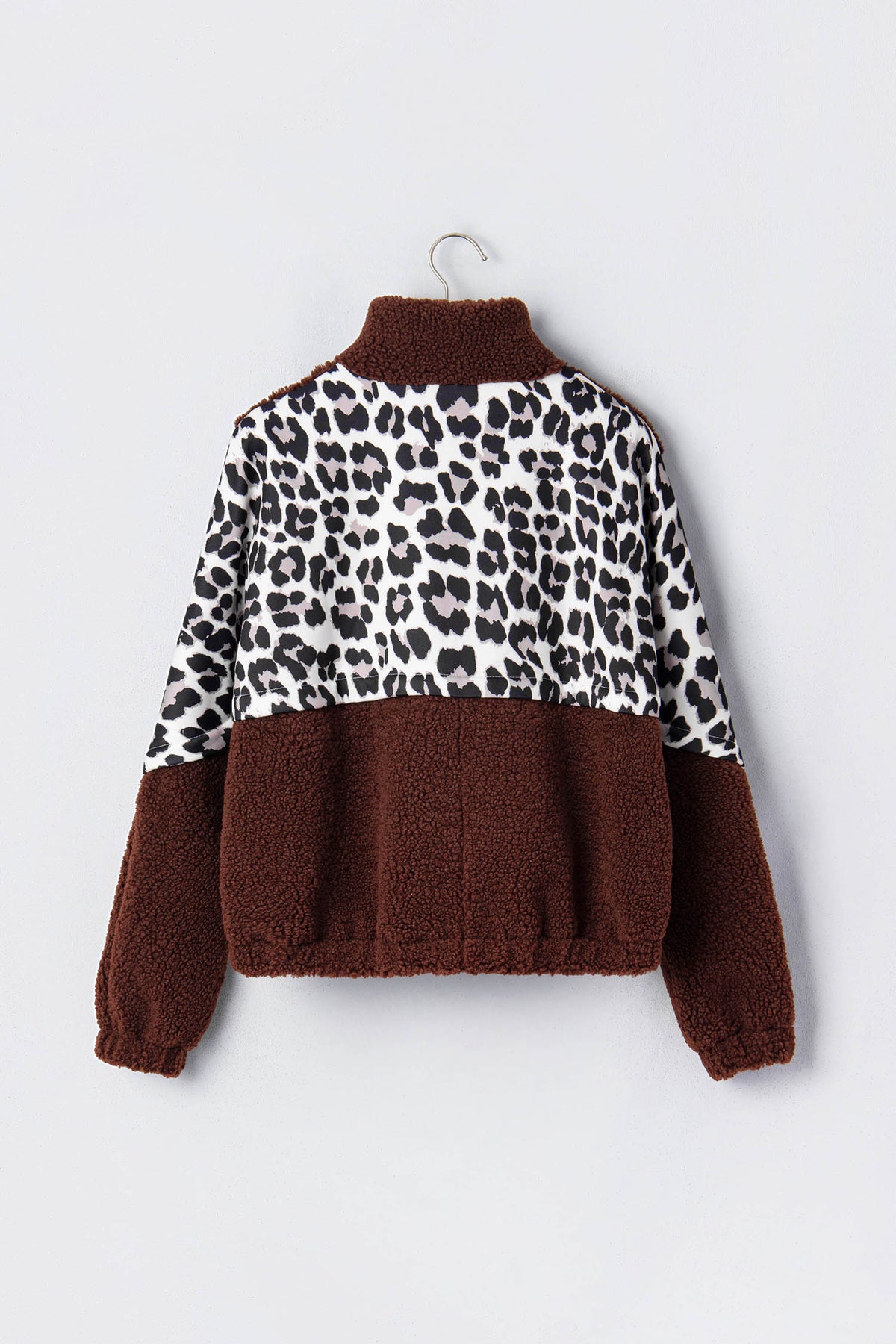Coffee Leopard Patchwork Fleece Western Style Zip-up Collar Jacket
