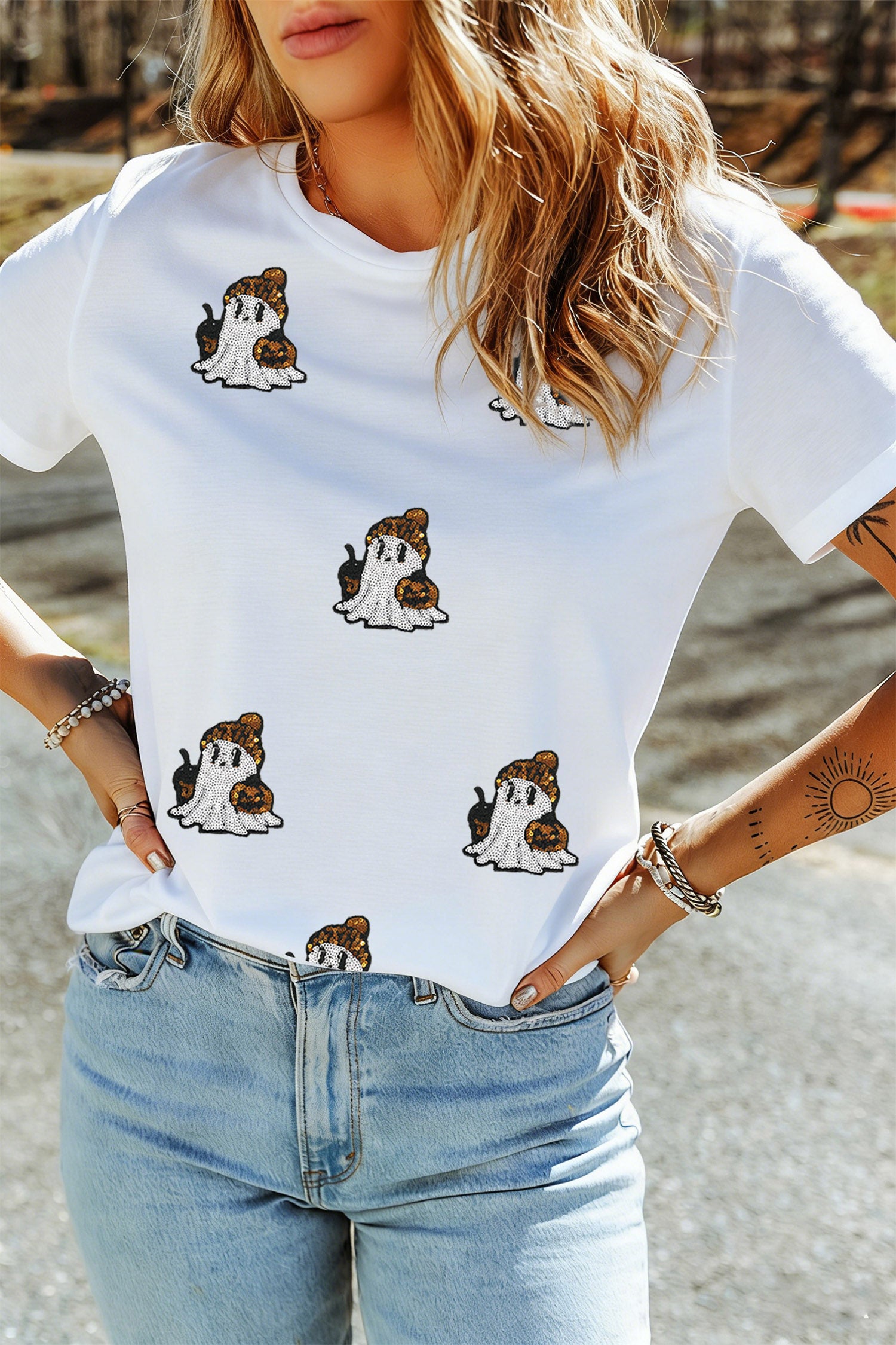 White Sequin Ghost Print Short Sleeve Casual Halloween Graphic T-Shirt