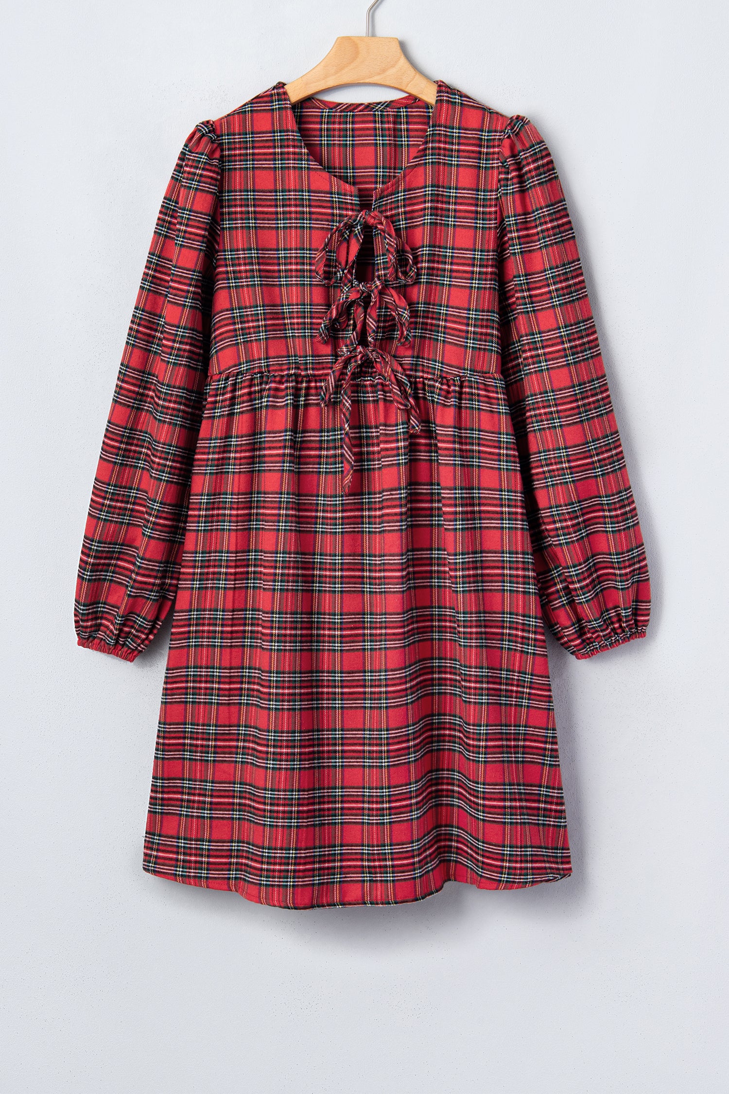 Red Plaid Tie Front Long Sleeve Short Shift Dress