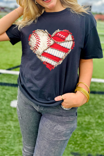 Black Baseball Distressed Heart Print T Shirt