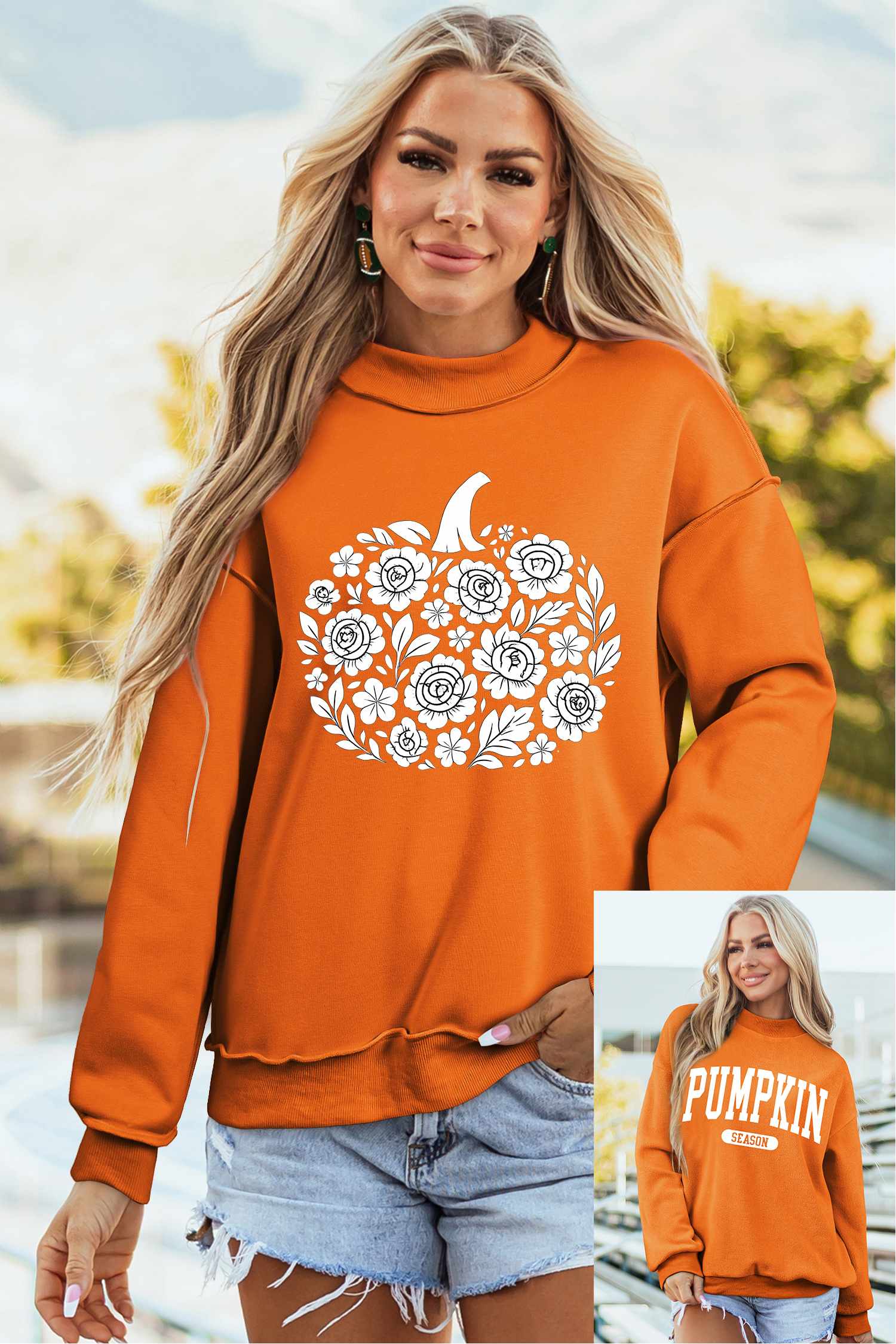 Carrot Floral Pumpkin Double Side Printed Mock Neck Reversible Sweatshirt
